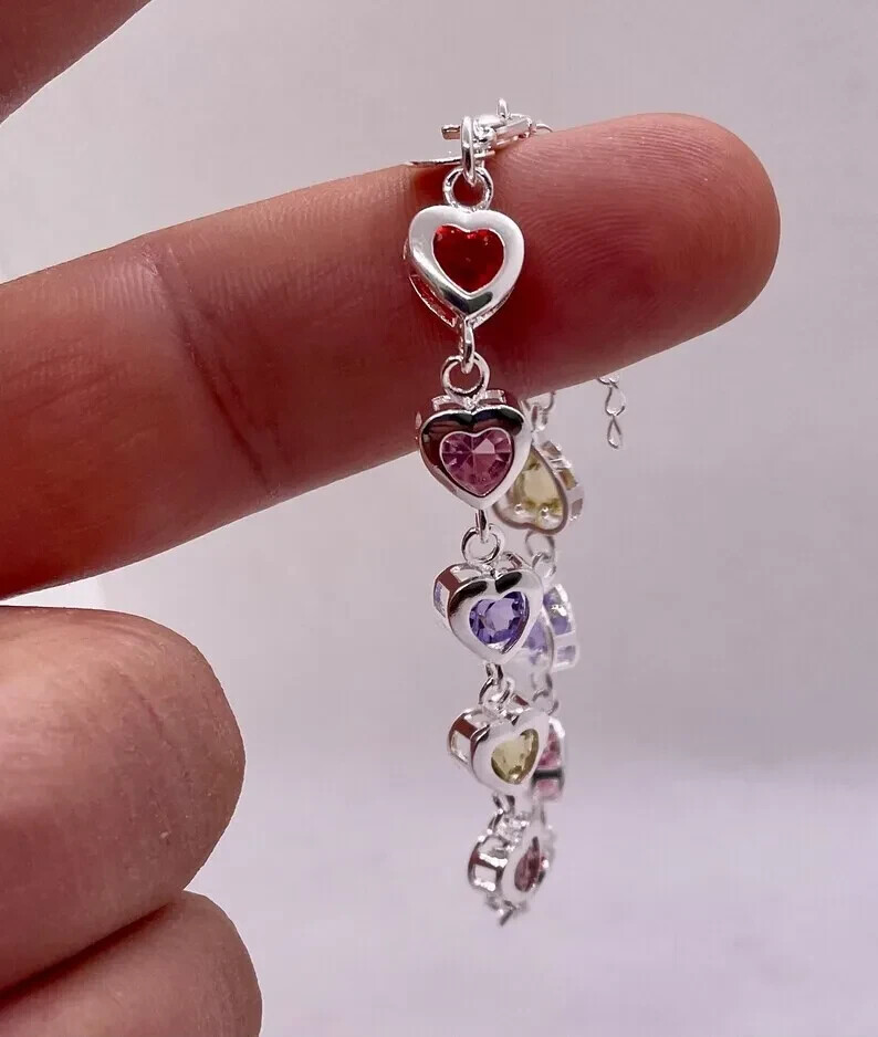 925 sterling silver multi – color stone heart bracelet 8” adjustable