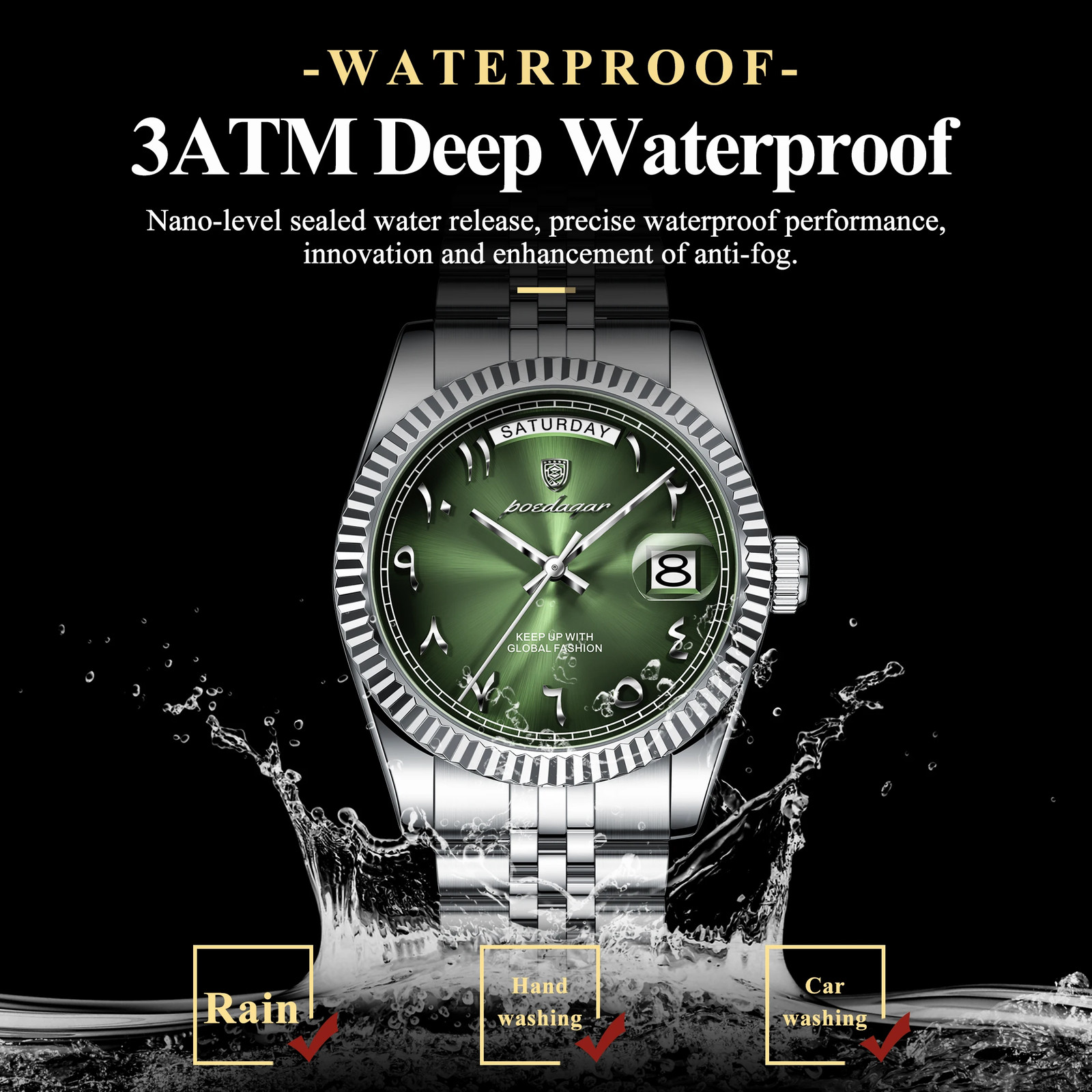 Stainless Steel Waterproof Quartz Watches For Mens Arabic Numerals POEDAGAR
