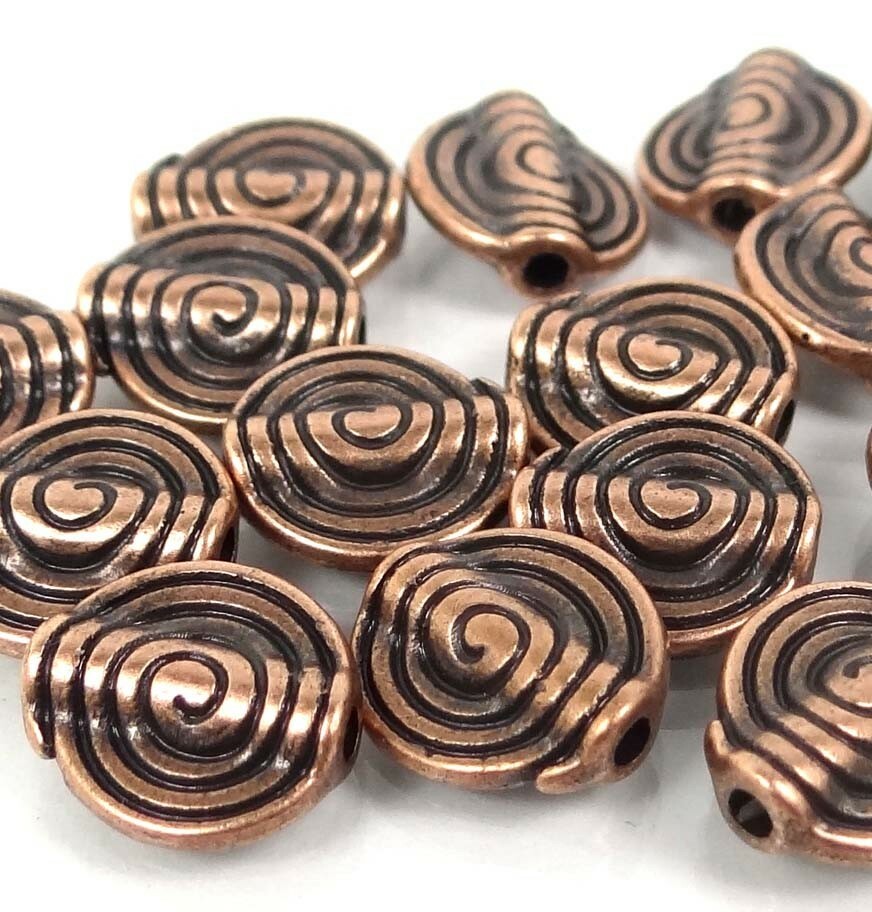 12 Ammonites Antique COPPER Pewter Spiral spire Disc Beads 10mm