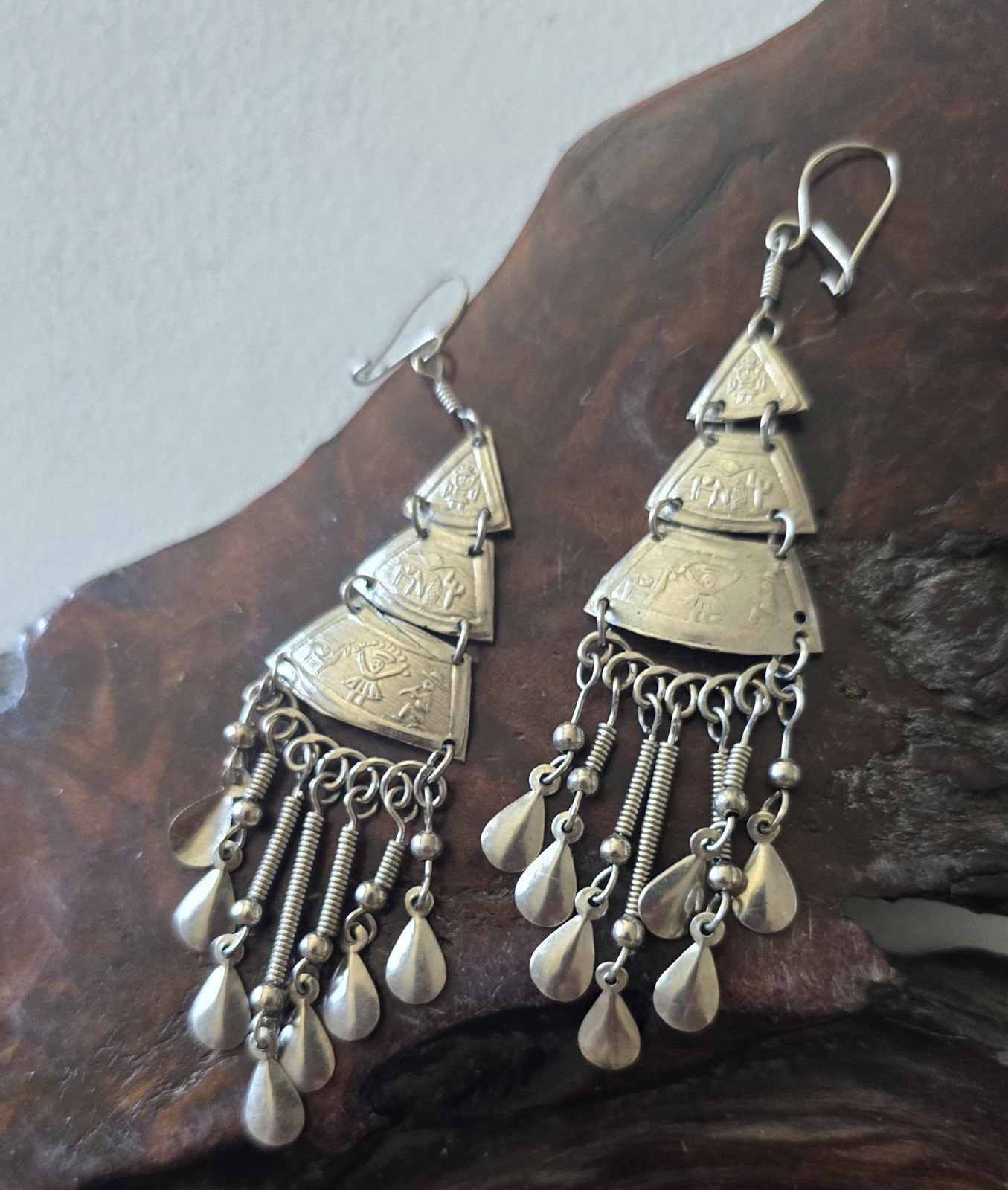 Peruvian Alpaca Silvertone Earrings Handmade Long Dangle Ethnic Inca Lightweight