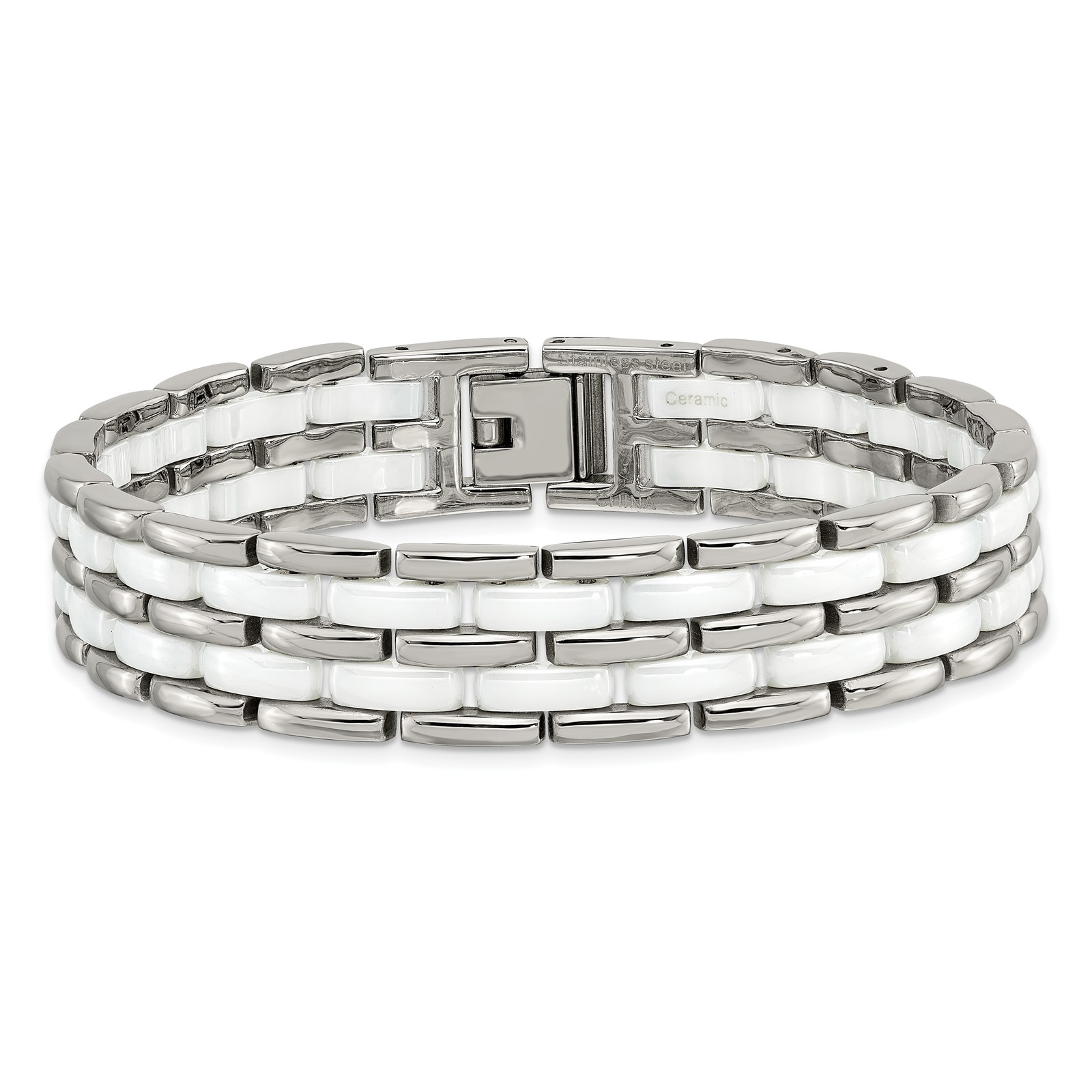 Chisel Stainless Steel Polished with Double Row White Ceramic 8.25 inch Link Bra