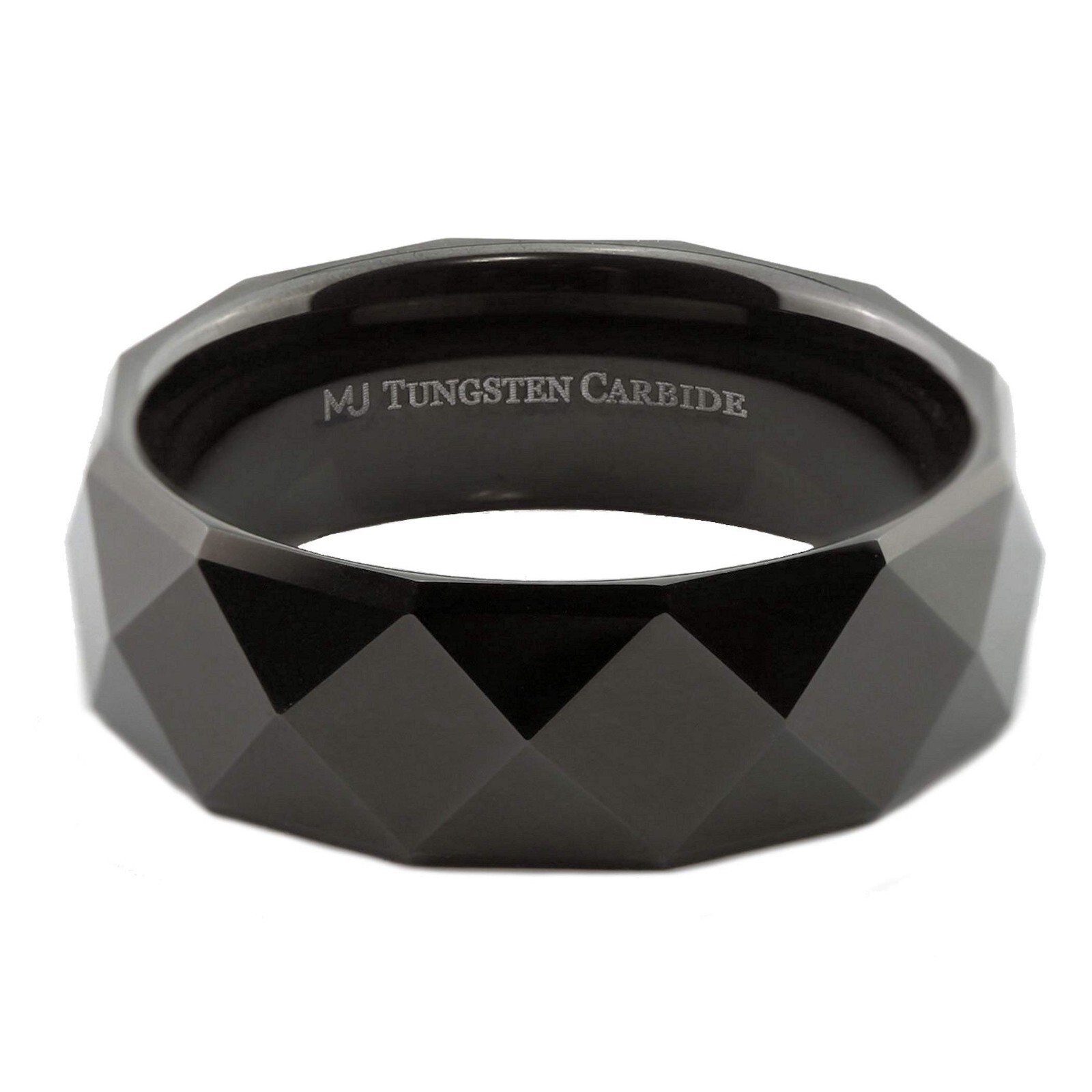White Tungsten Carbide or Black Plated Multi Faceted Polished 6mm or 8mm Ring