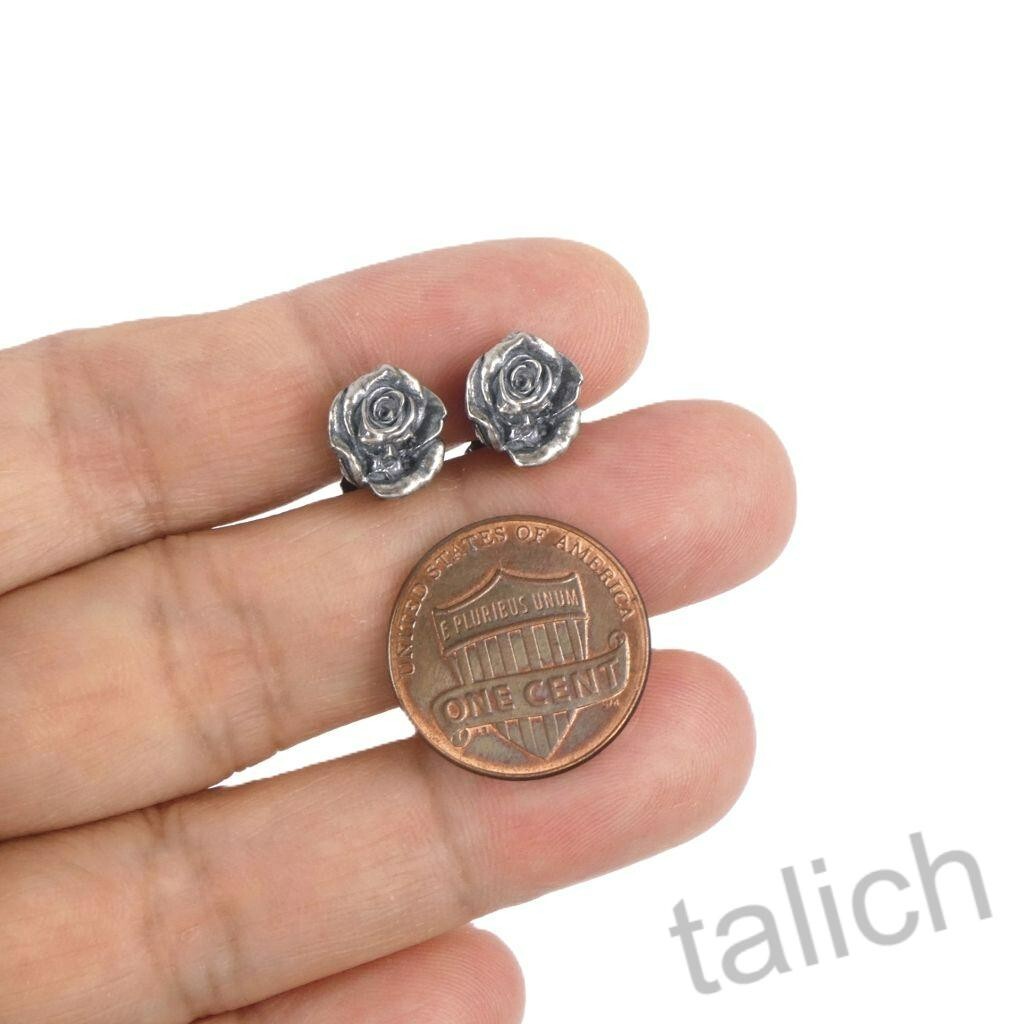 925 Sterling Silver Small Skull Rose Stud Earrings in Dark Finish Gothic Unique