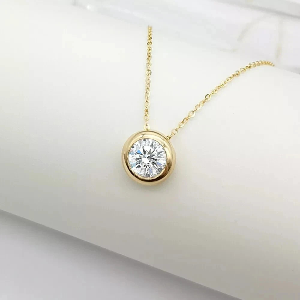 2Ct Real Moissanite Bezel Set Solitaire Pendant 18″Chain 14K Yellow Gold Plated