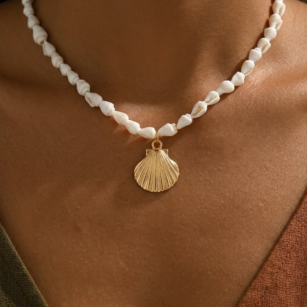 White Shell Necklace – Hawaiian Style Clam Beach Surfer Necklace 16 in-18 In