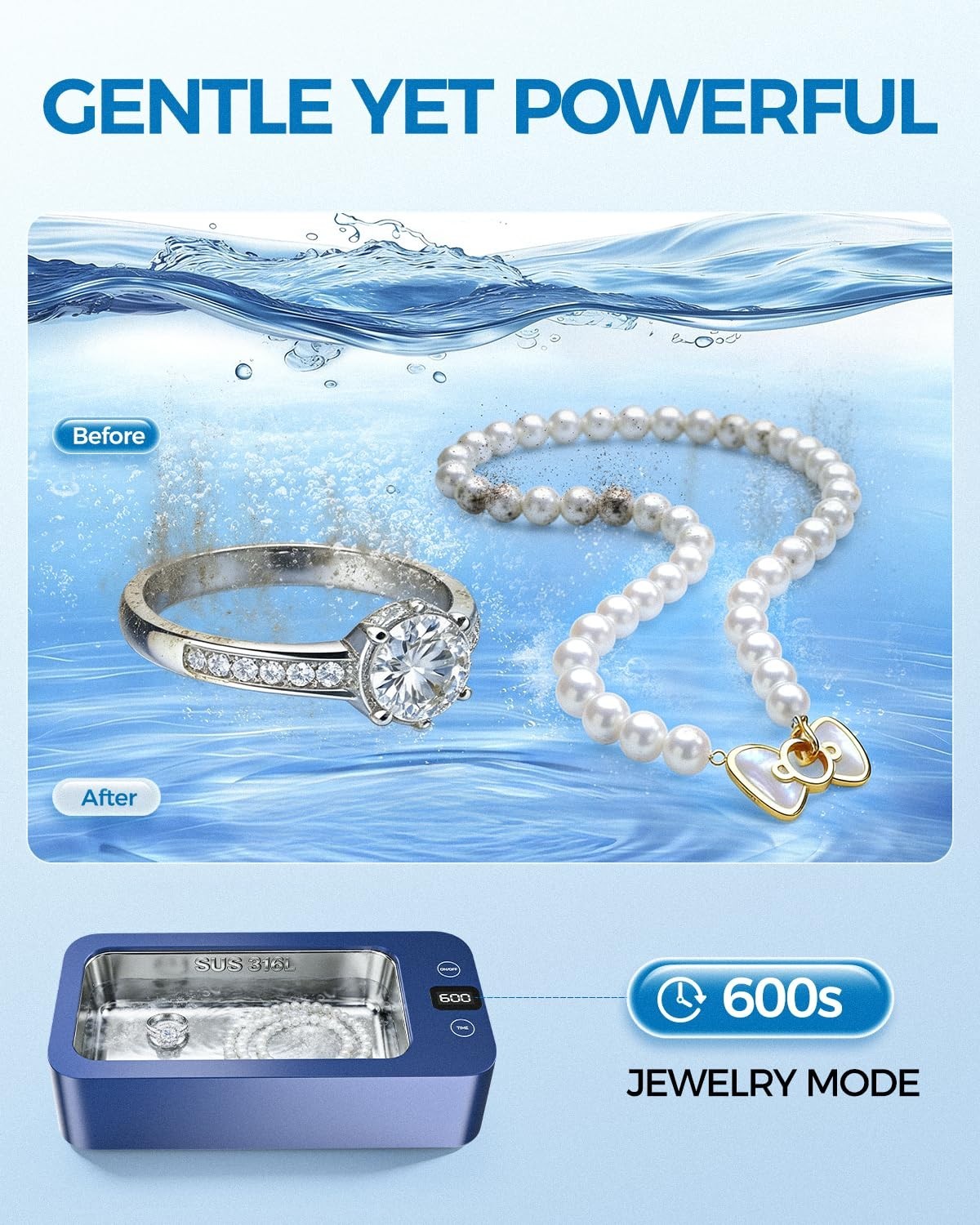 Professional Ultrasonic Jewelry Cleaner 500ml, 50kHz for Jewelry, Eyeglasses, Wa