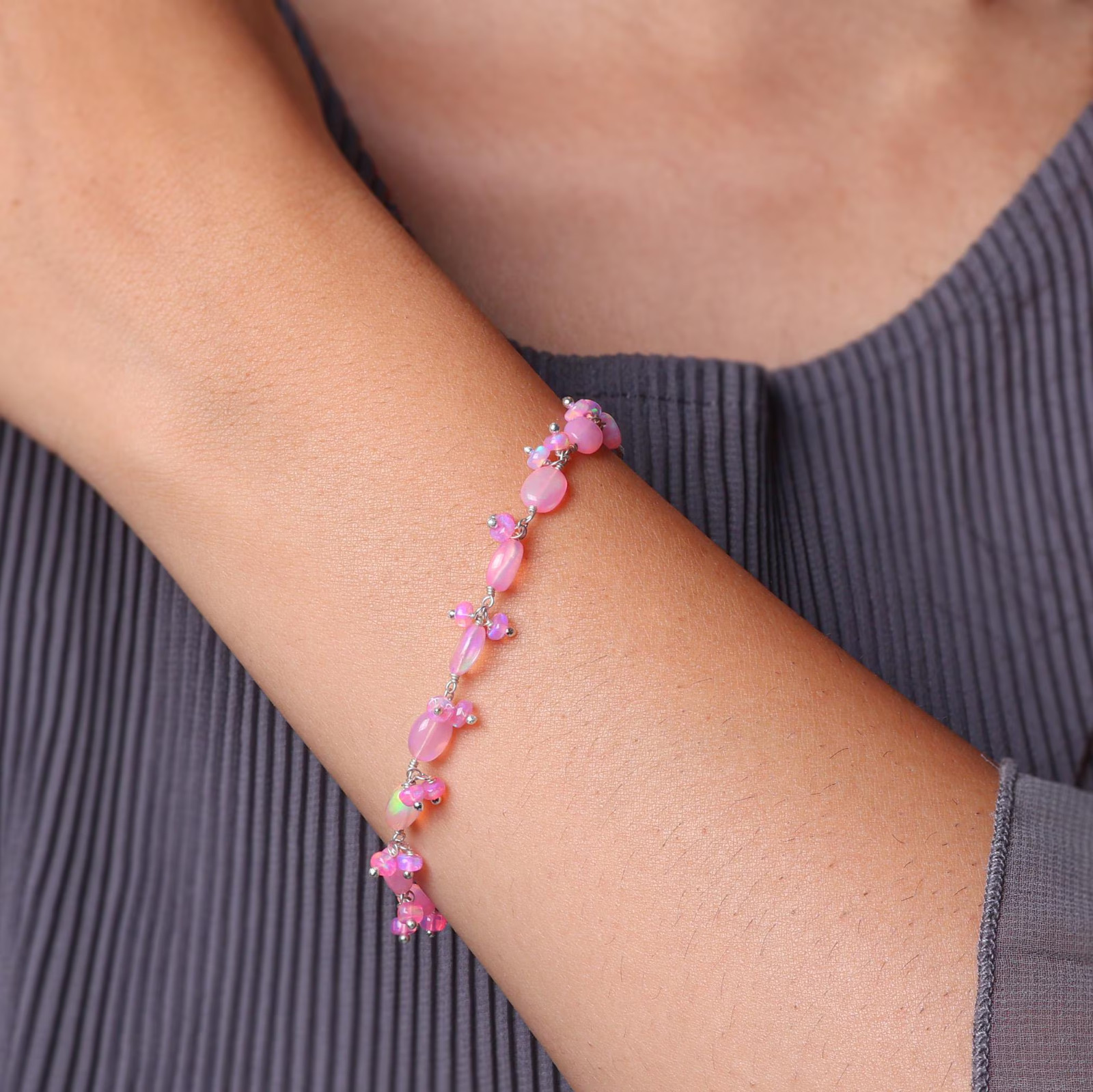 Genuine Pink Opal Gemstone Tumble Beads Bracelet, Natural Fire Opal Bracelet