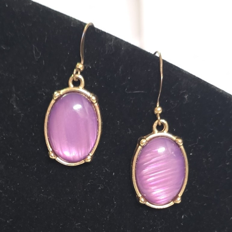 Gold Tone Purple Oval Cabochon Stone Dangle/Drop Hook Earrings, Bezel Set