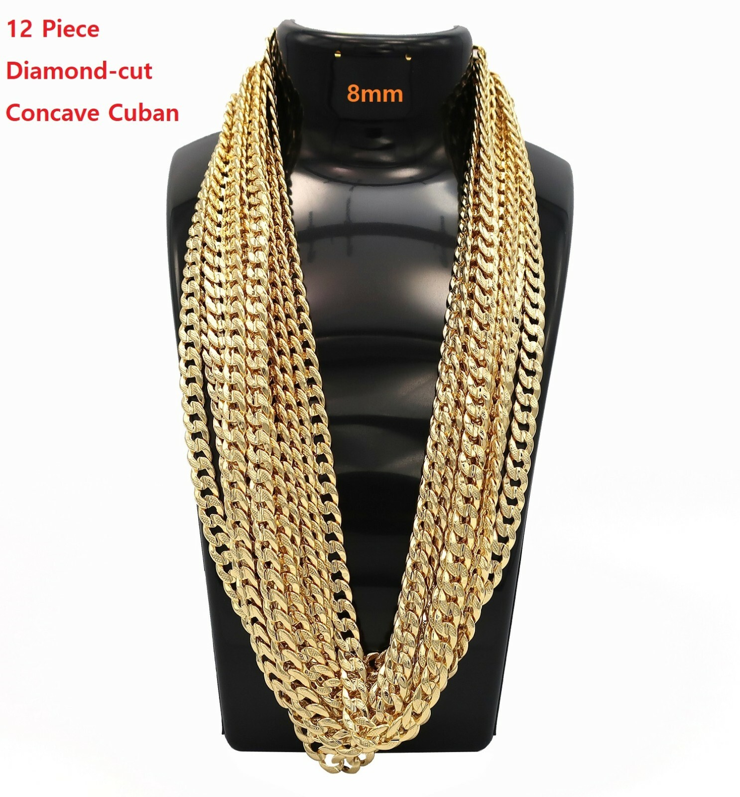 8mm 12 Piece Diamond cut Concave Cuban link Chain 8″ 20″ 24″ 30″ 14k Gold Plated
