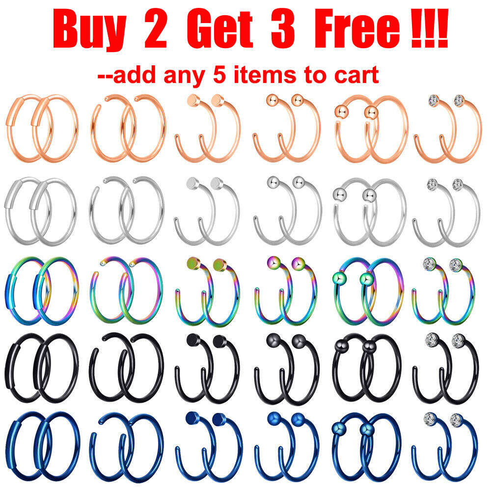 2Pcs Surgical Steel Hinged Nose Ring Hoop 20G Nostril Cartilage Earring Piercing