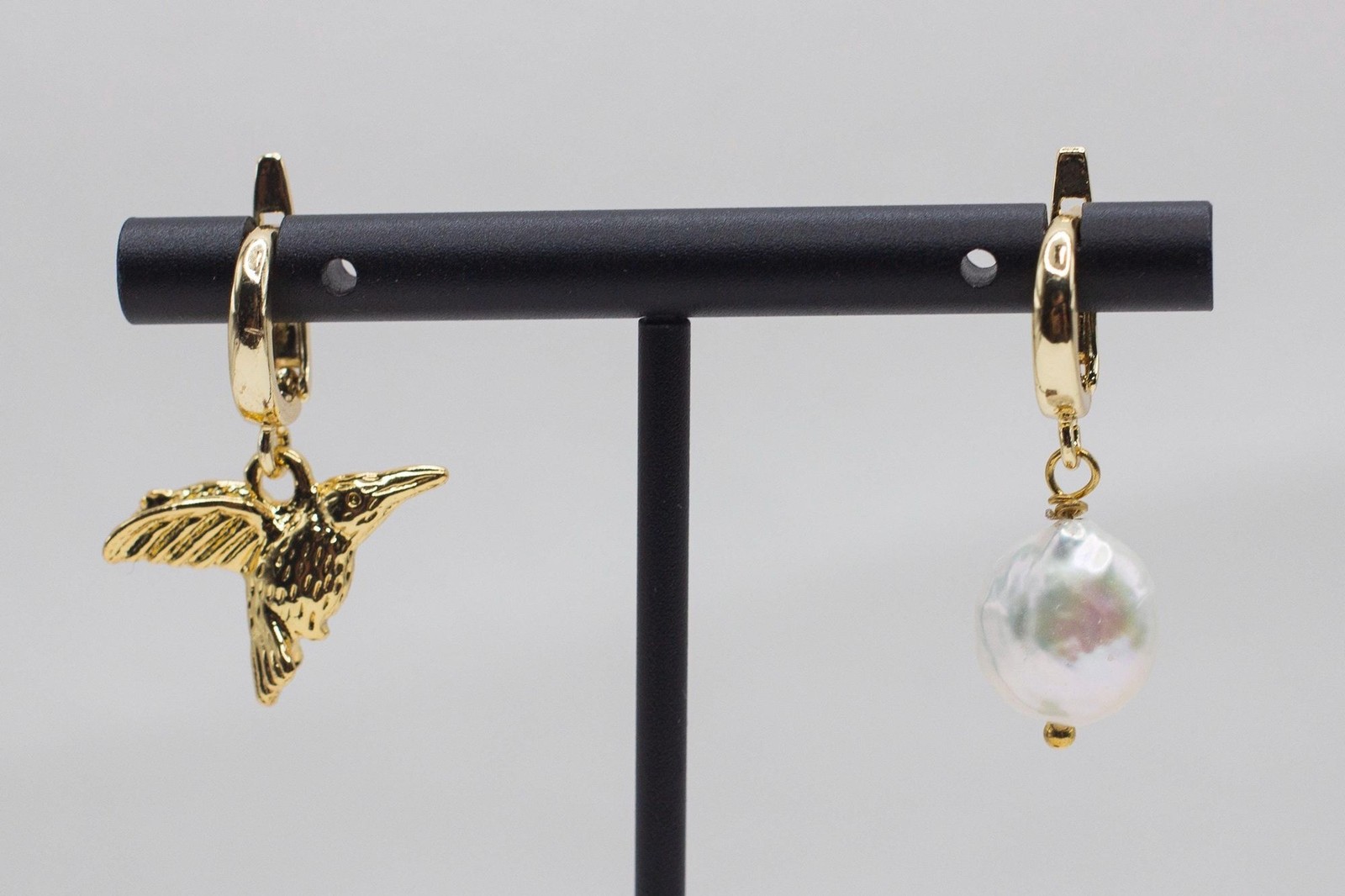 Asymmetrical Hummingbird and White Coin Pearl Drop Earrings, Gold Plated
