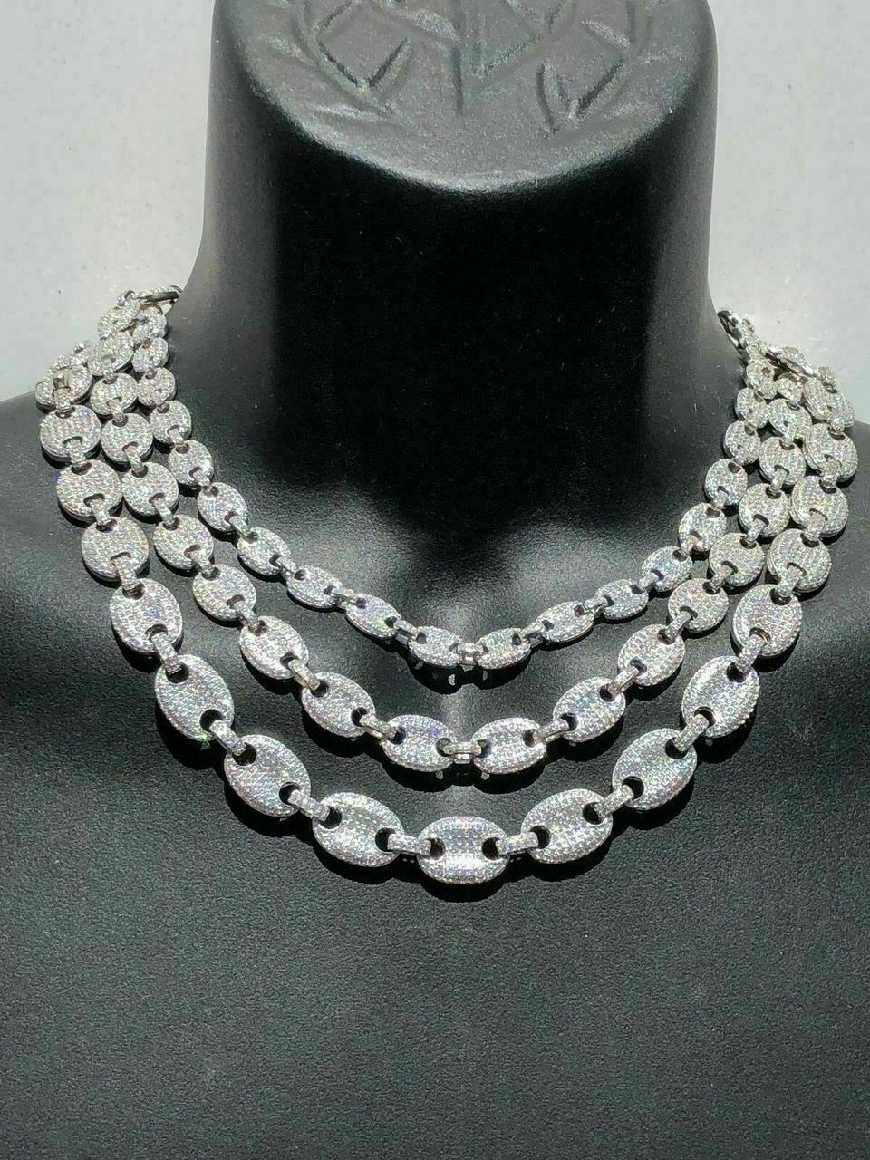 Solid 925 Silver Mens Puffed Mariner Link Chain CZ Hip Hop Iced