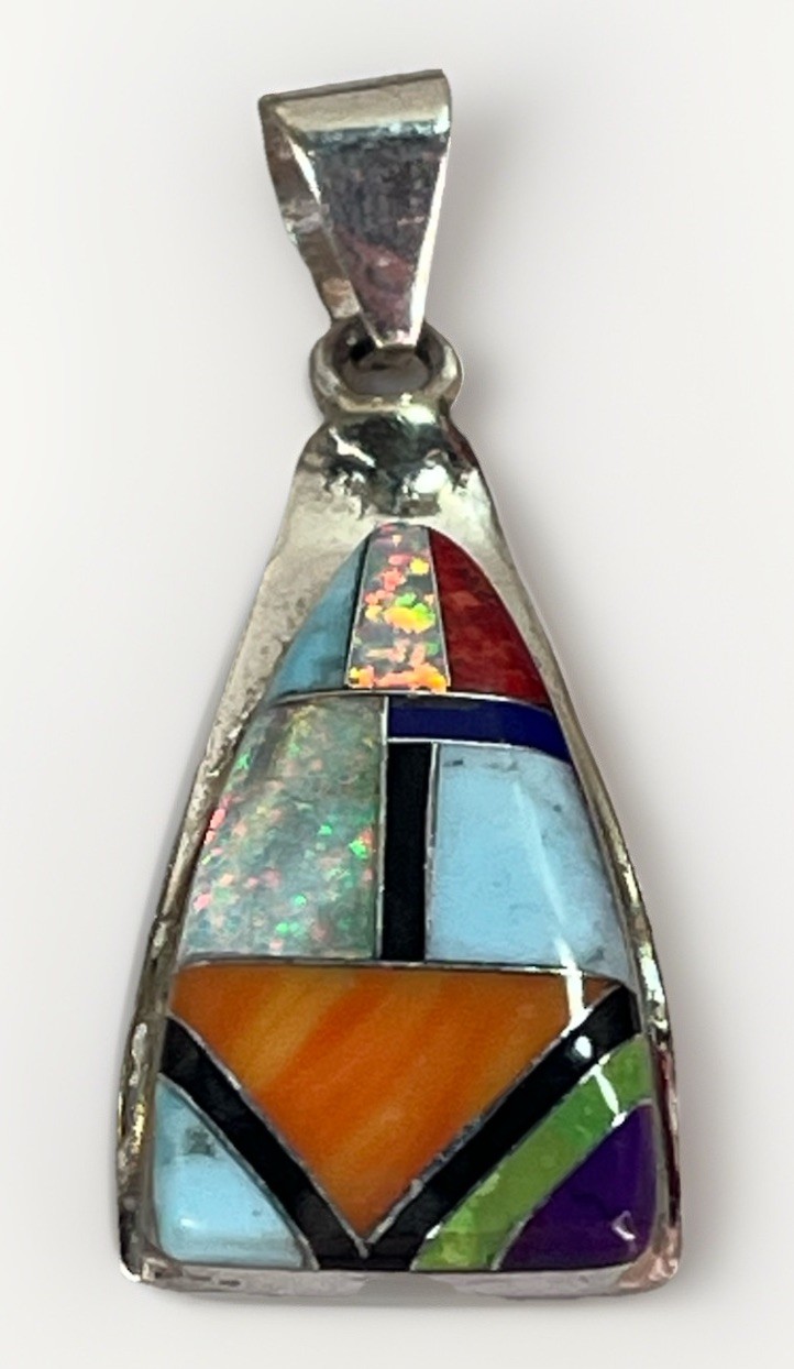 Turquoise Multi Stone Inlay Sterling Silver Pendant NAVAJO Trevor Jack Signed