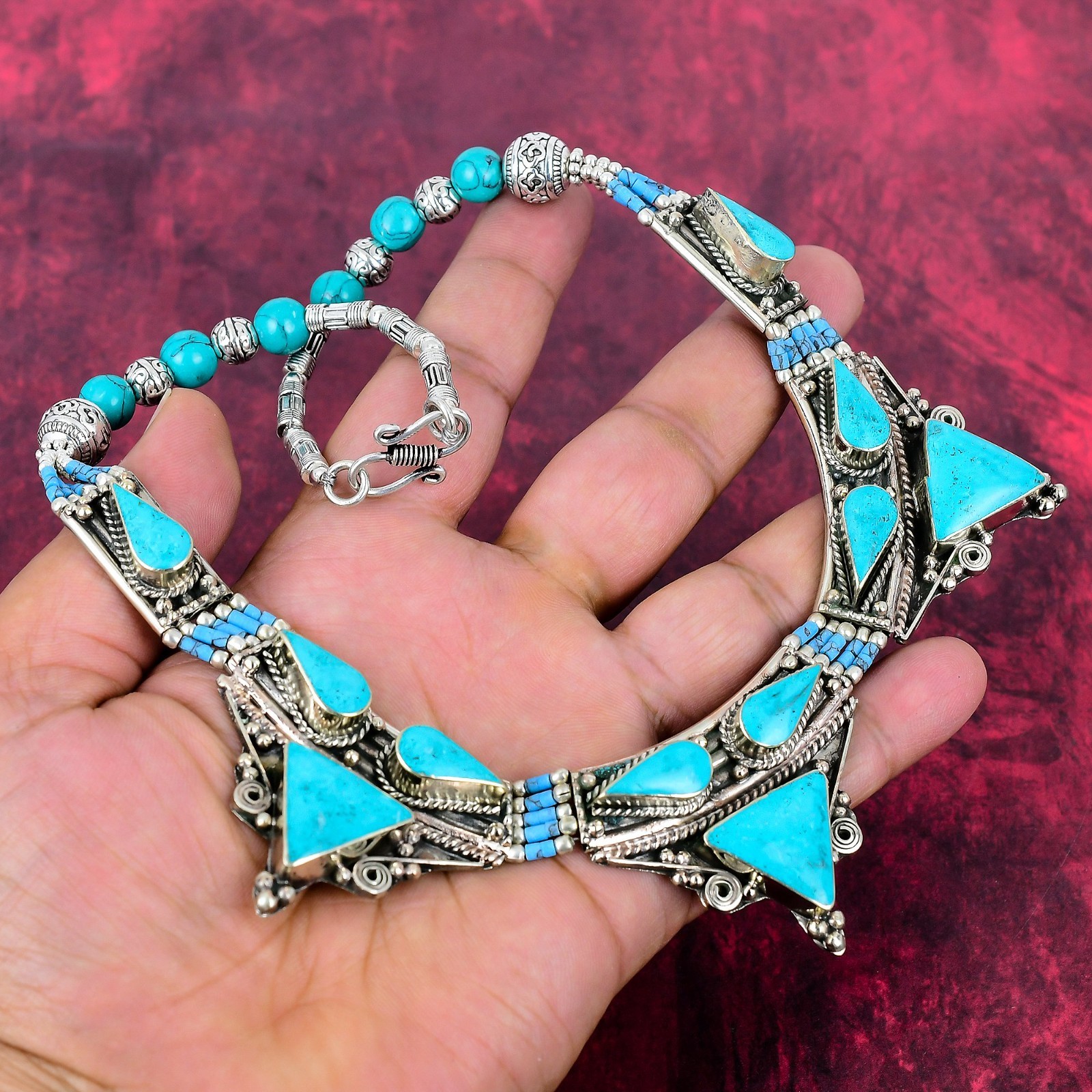 Tibetan Turquoise Gemstone Handmade 925 Sterling Silver Nepali Jewelry Necklace