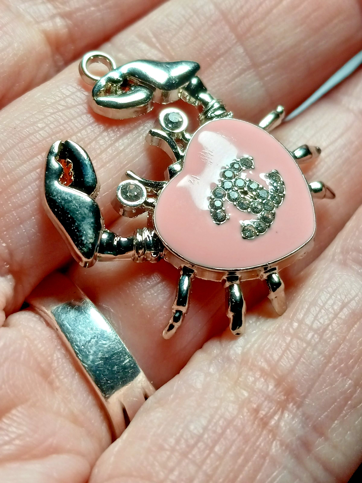 Designer Zipper Pull Silver Tone & Pink Crab Pendant w/ faux Diamonds