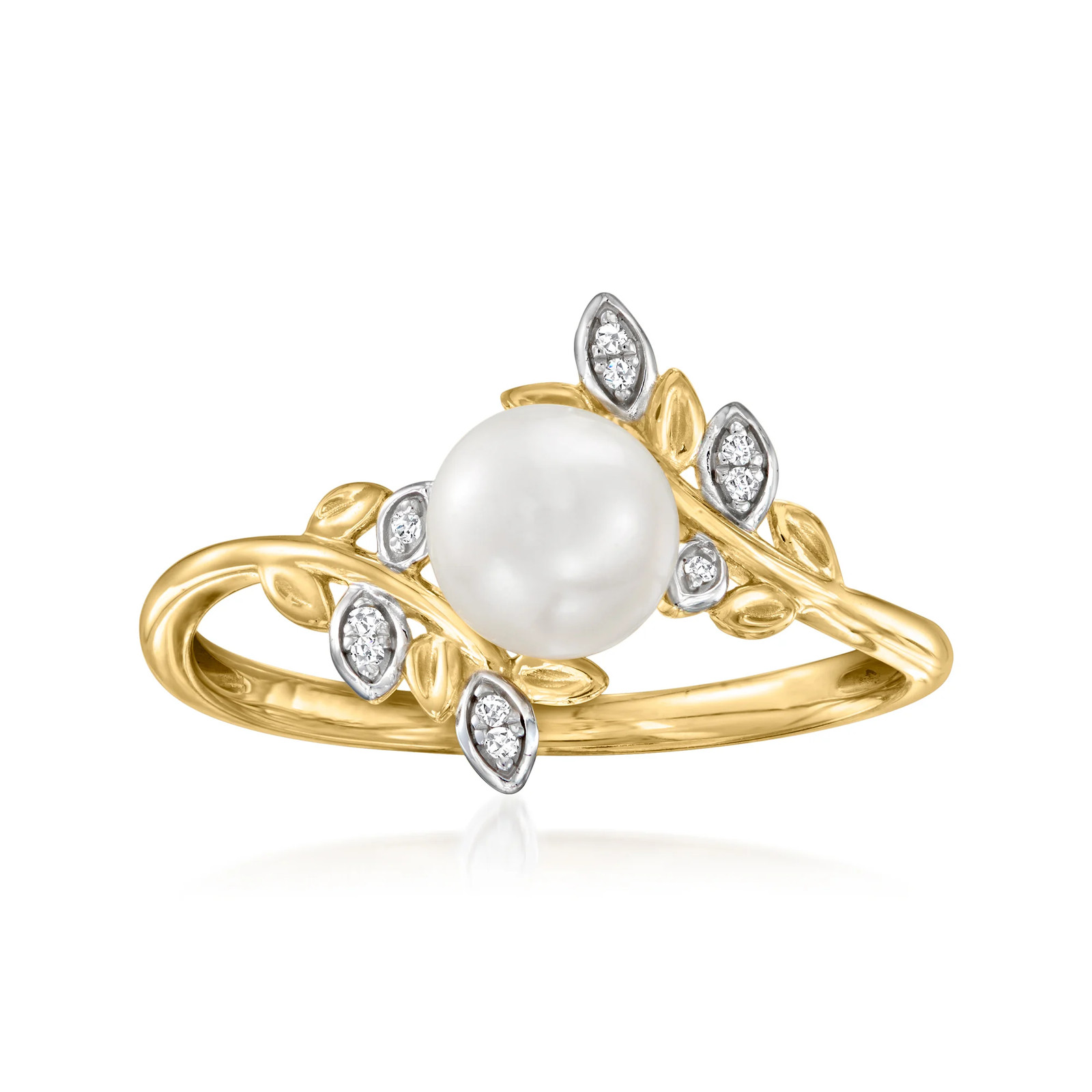 Ross-Simons 6-6.5mm Cultured Pearl Leaf Ring With Diamonds in 14kt Yellow Gold