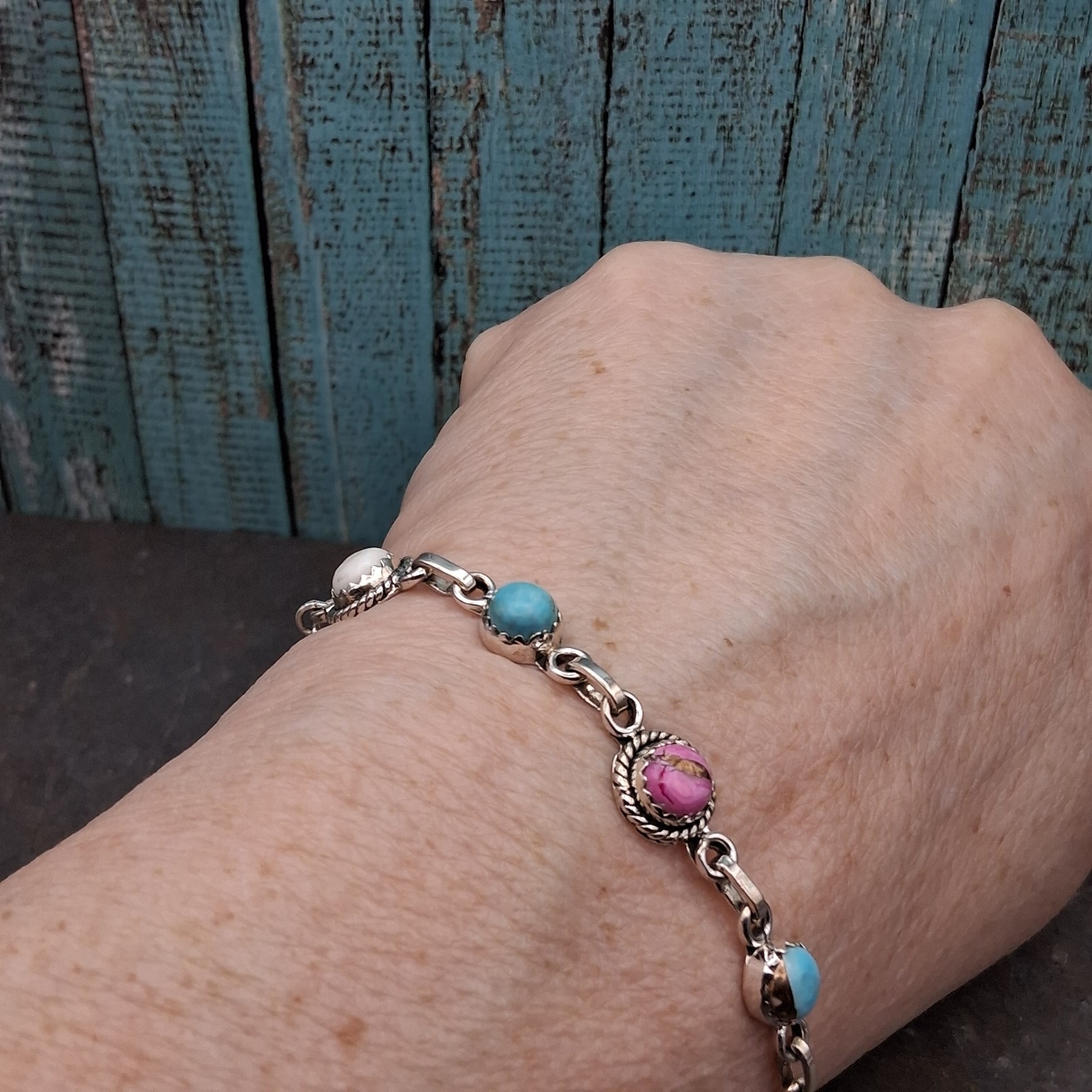 Cotton Candy Turquoise Bracelet Multistone Adj 6-8″ Sterling Silver Southwestern