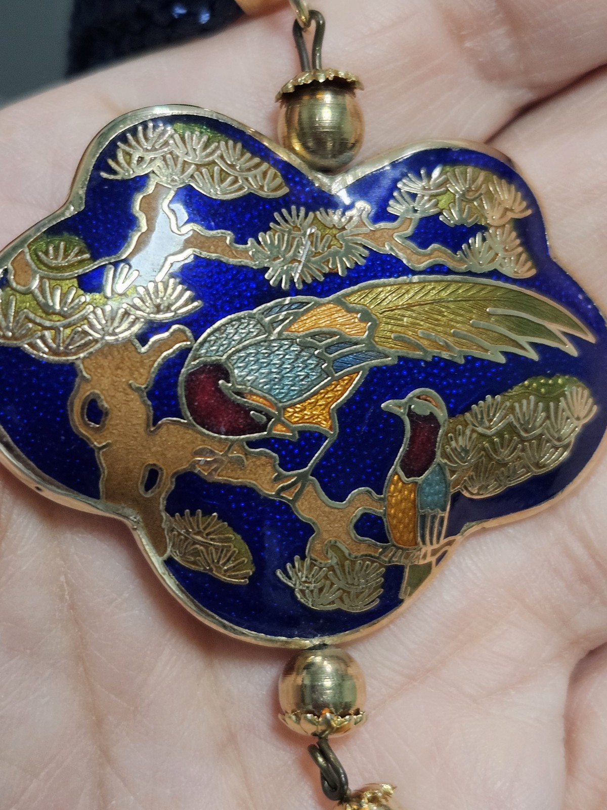 Vintage Cloisonne Gold Tone Peacock Pendant & Necklace 24″ Double Cord
