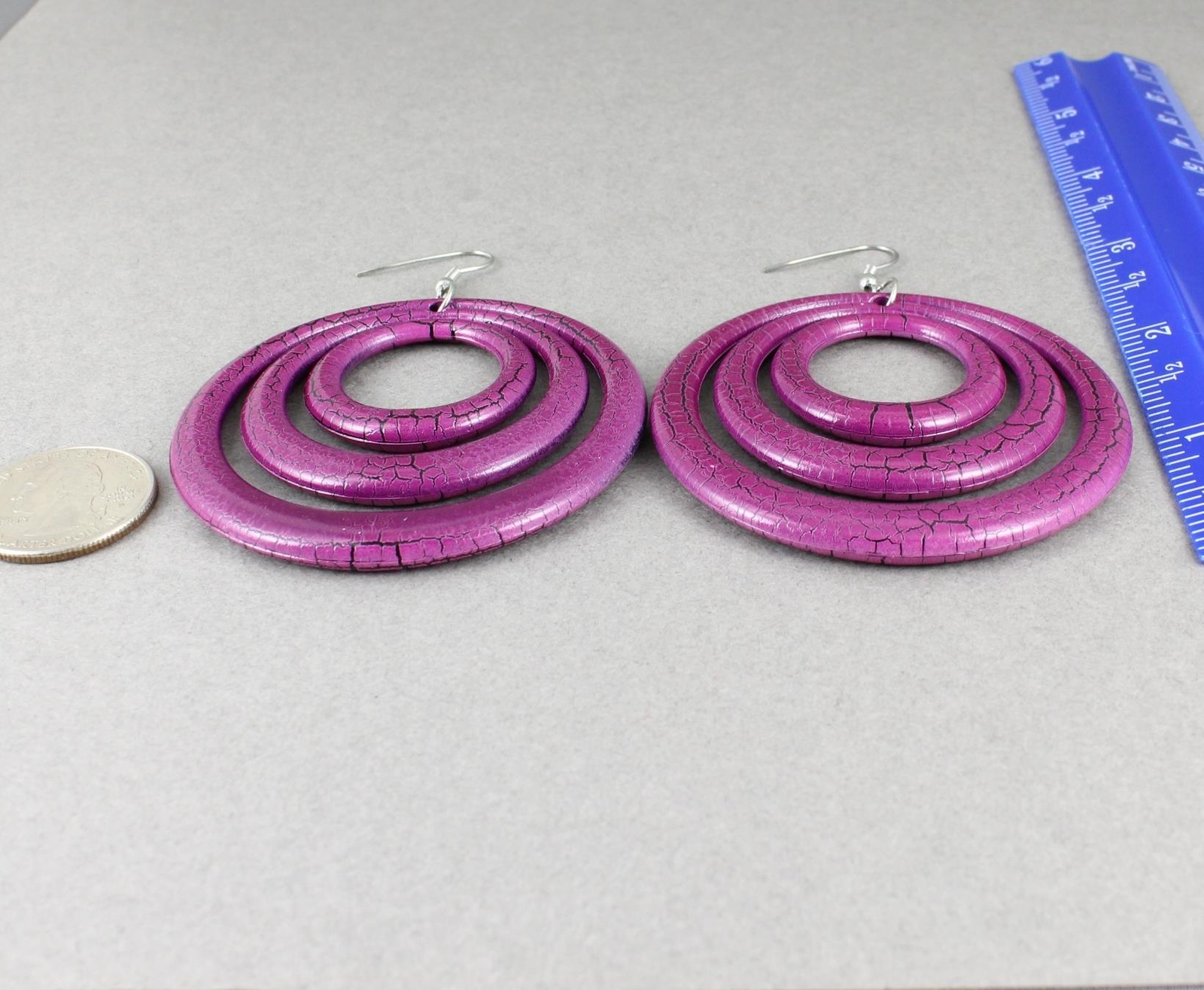 Purple Black earrings lightweight dangle round circle plastic disc 3.25″ long