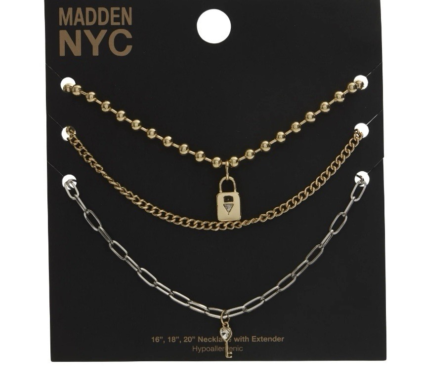 Madden NYC Two Tone Lock Key Layered Necklace Set 3 Pc Gold Silver NWT