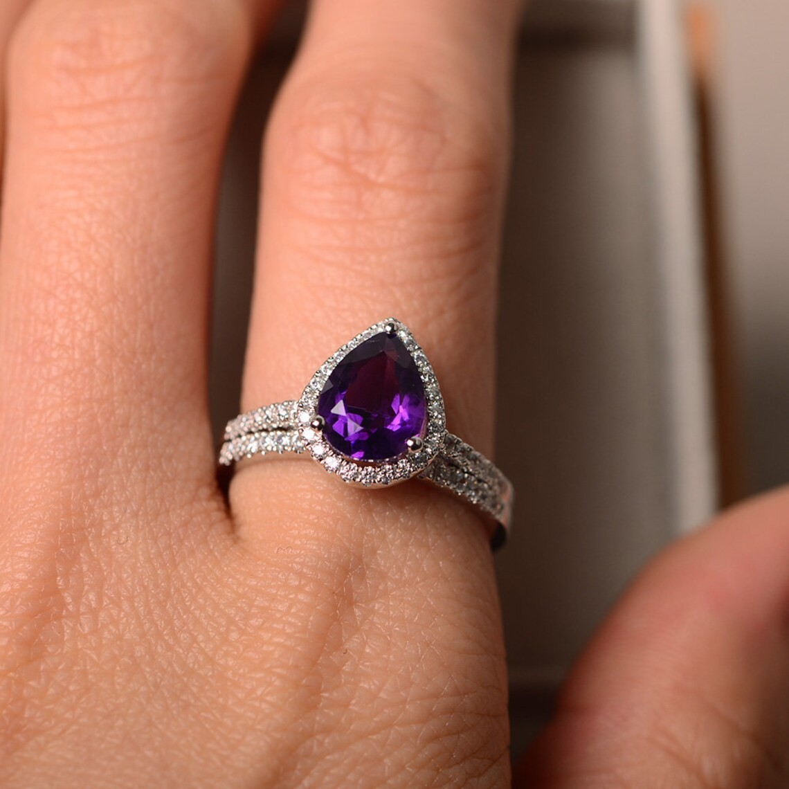 925 Silver Plated 2CT Amethyst Gemstone Dainty Stack Ring Duty Free