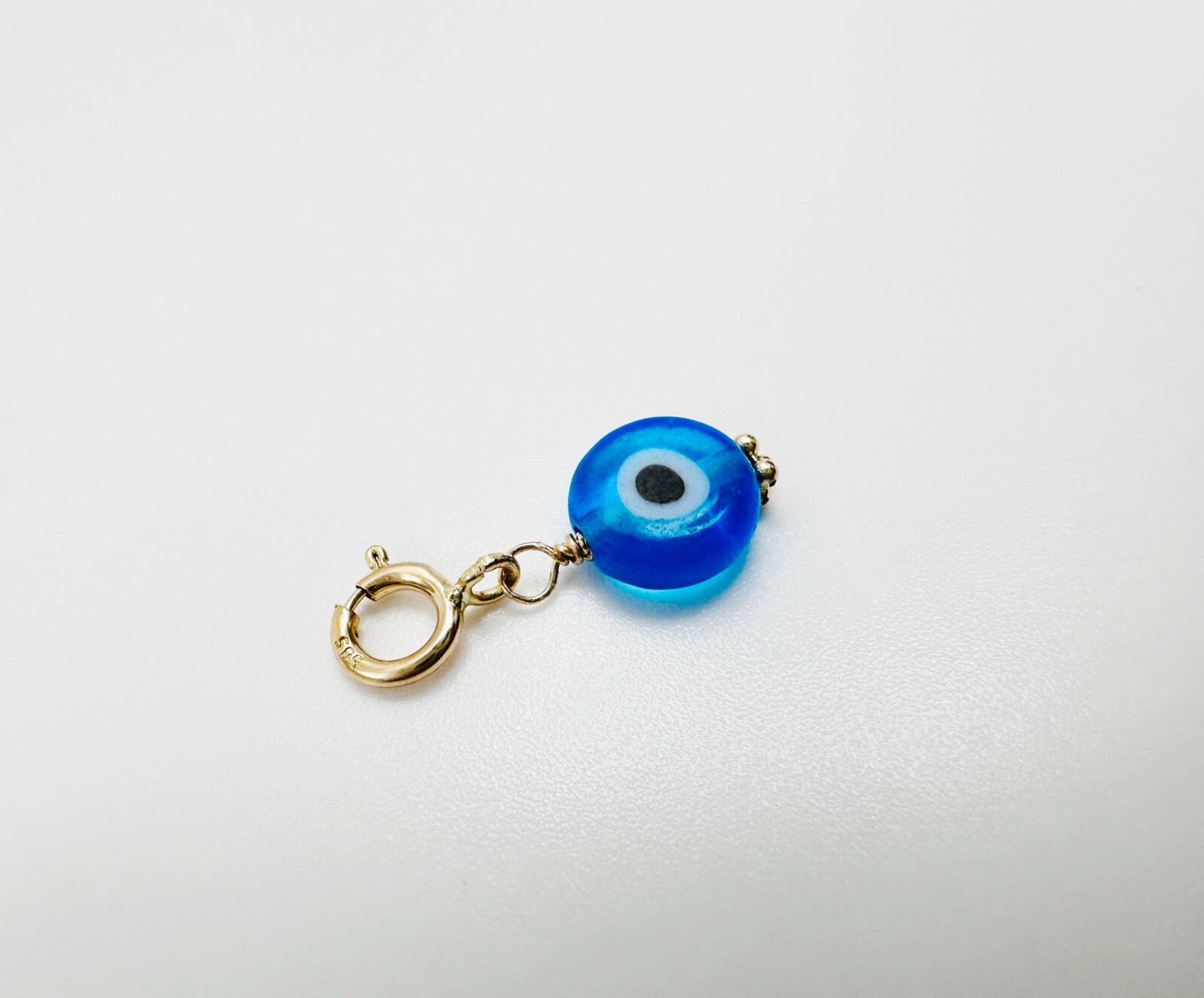14K Solid Yellow Gold Millefiori Glass Blue Evil Eye Charm Pendant Spring Clasp