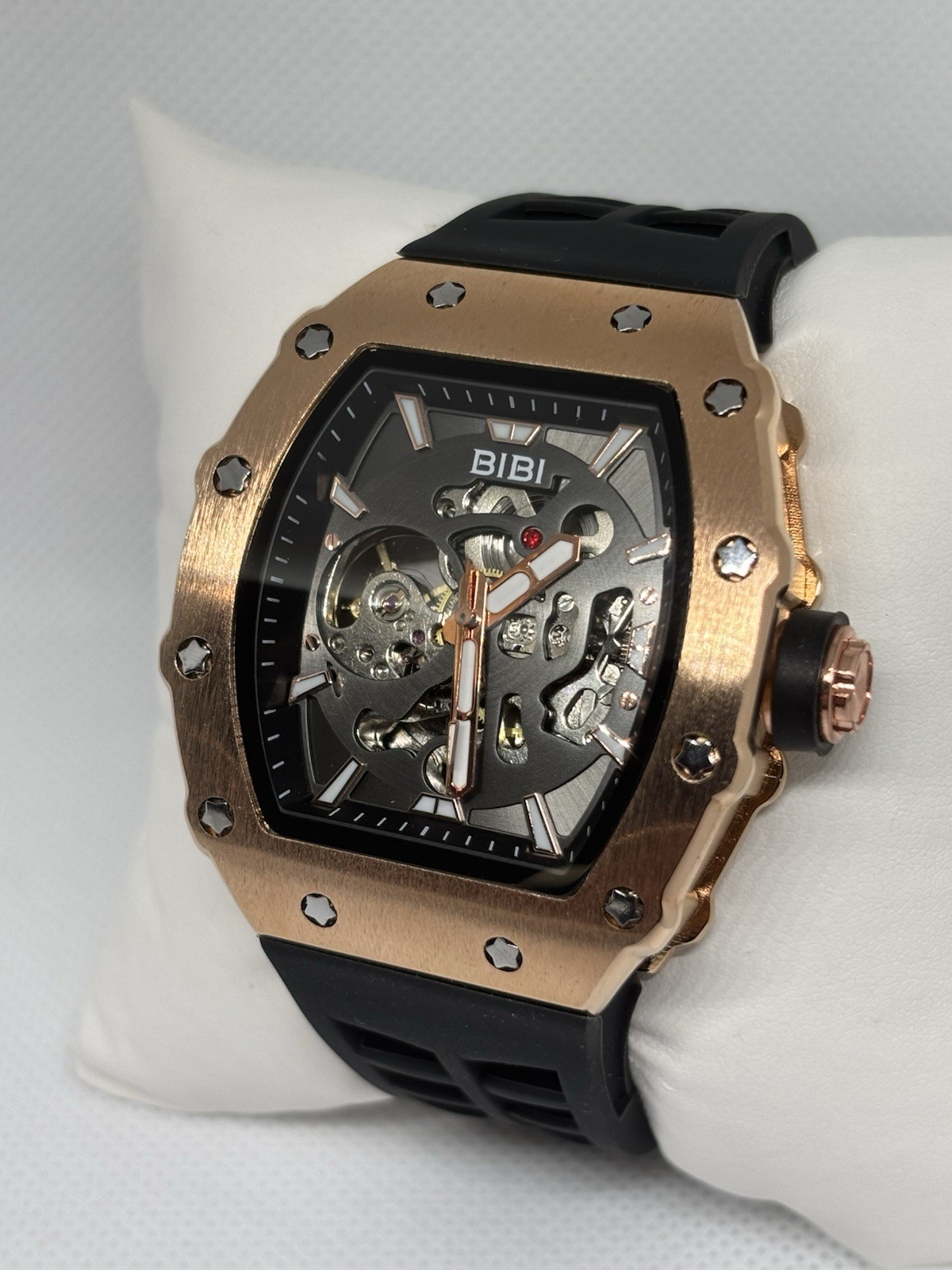 BIBI Automatic Skeleton Rose Gold Black Rubber Strap Men’s Watch Box & Papers