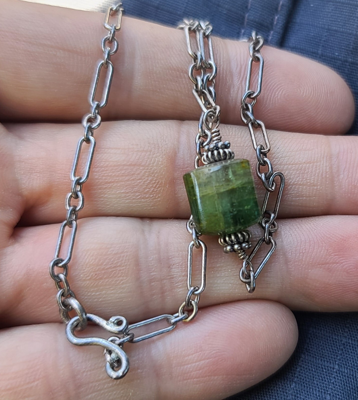 Vintage Sterling 925 Solid Silver Flourite Pendant Chain 17.75″ Necklace 3mm W