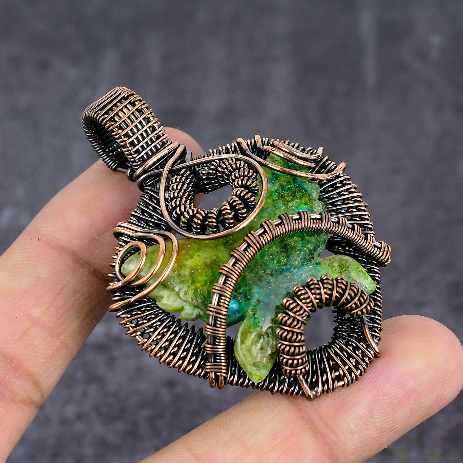 Swiss Green Opal Gemstone Copper Wire Wrap Jewelry Pendant 2.48″ Gift for Her B5