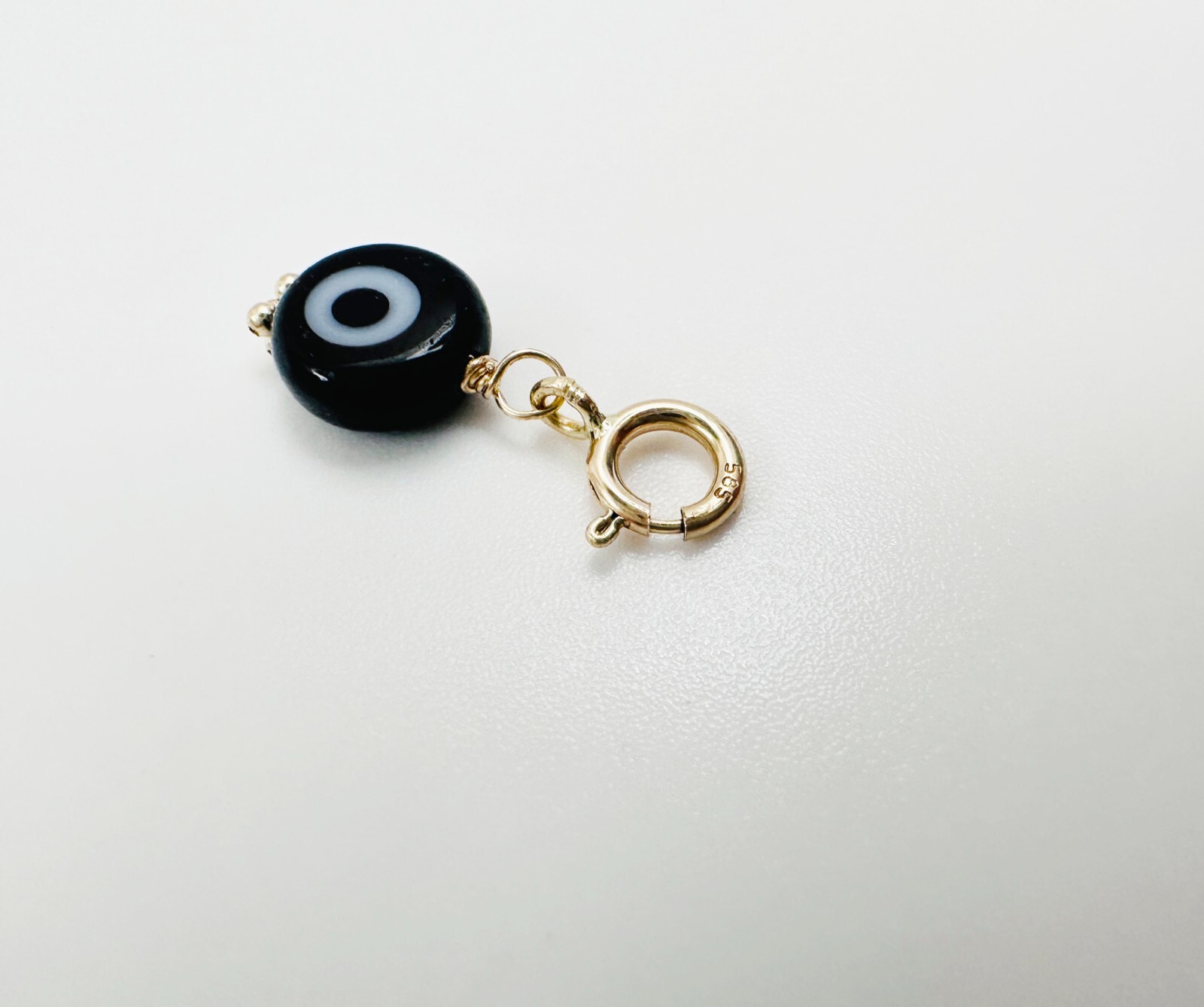 14K Solid Yellow Gold Millefiori Glass Black Evil Eye Charm Pendant Spring Clasp