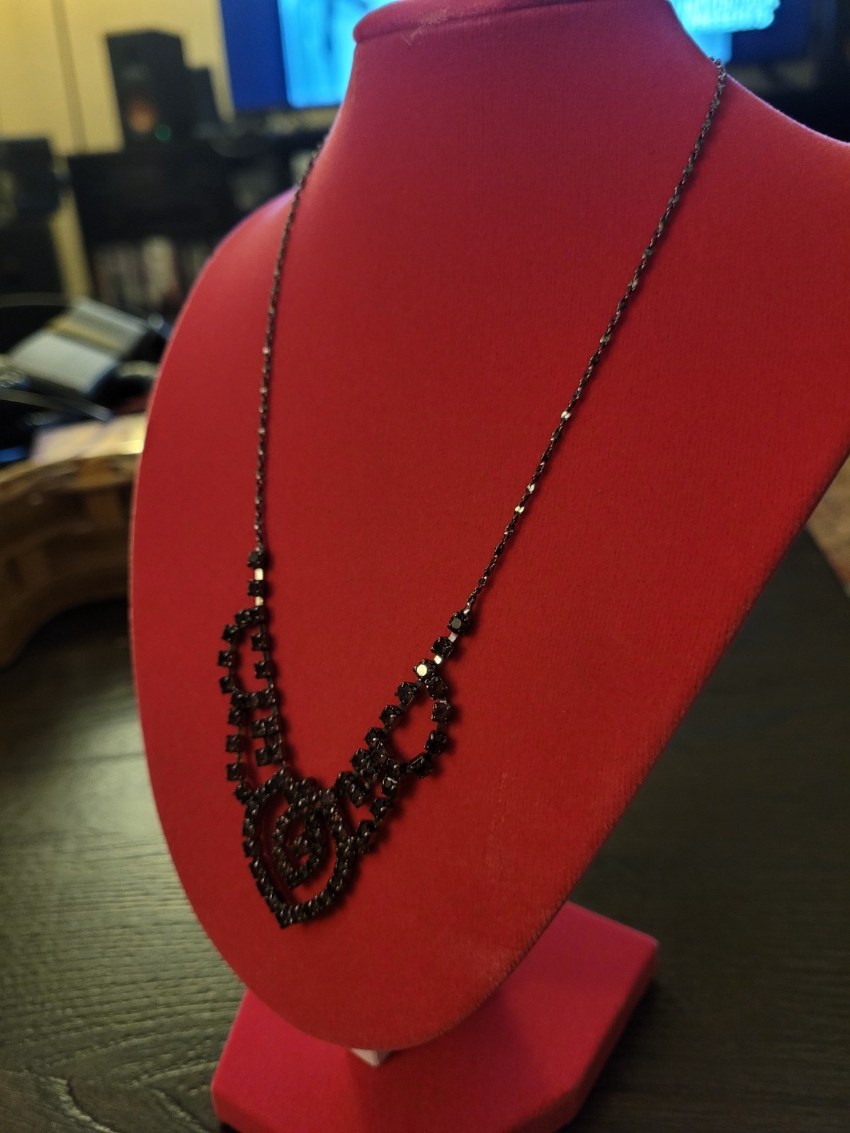 Vintage Daire’s Signed Black Tone with dark pink Rhinestone Statement Necklace