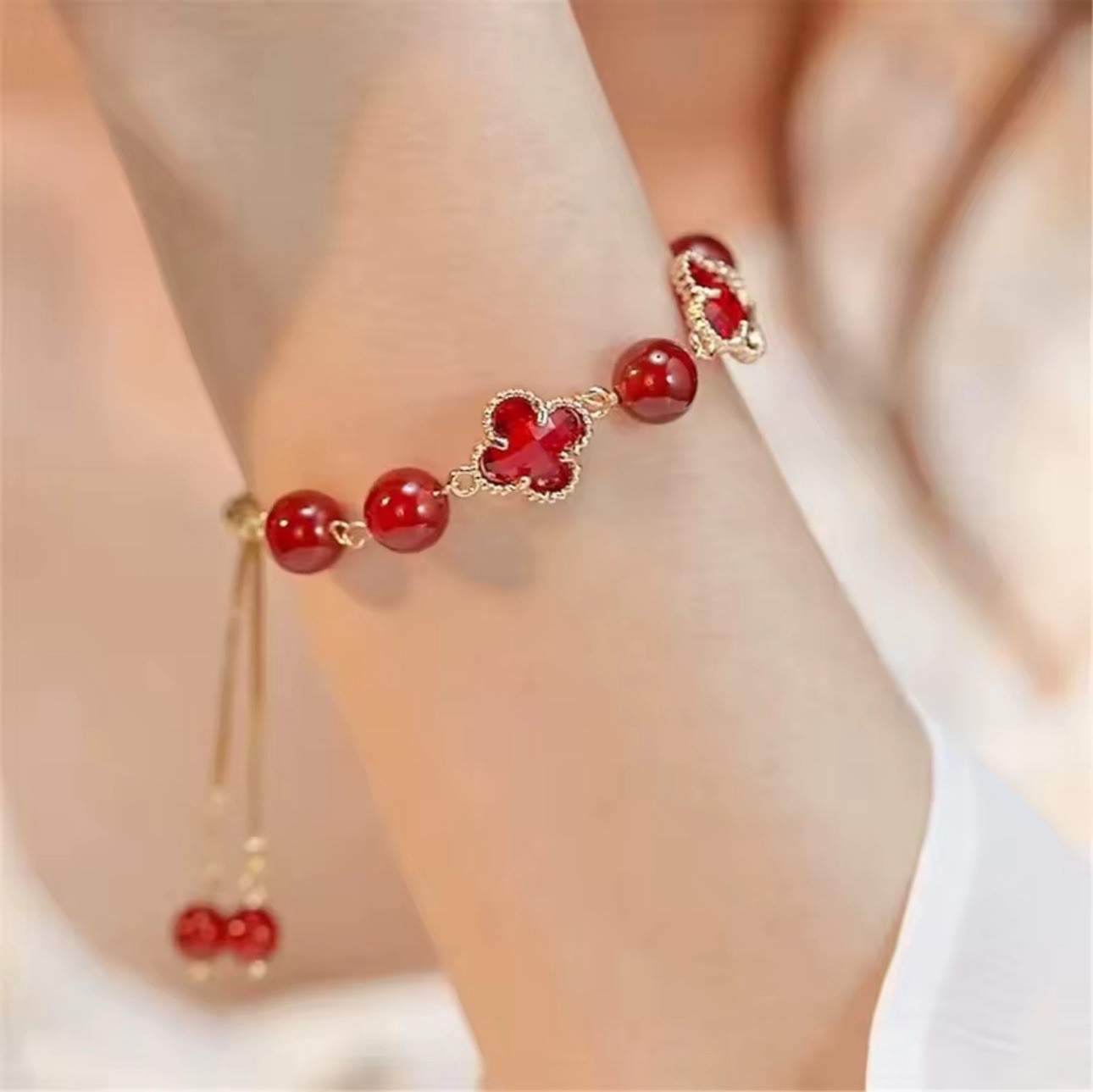 Red Round Beaded Cloverleaf Charm Bracelet Snake Chain Adjustable