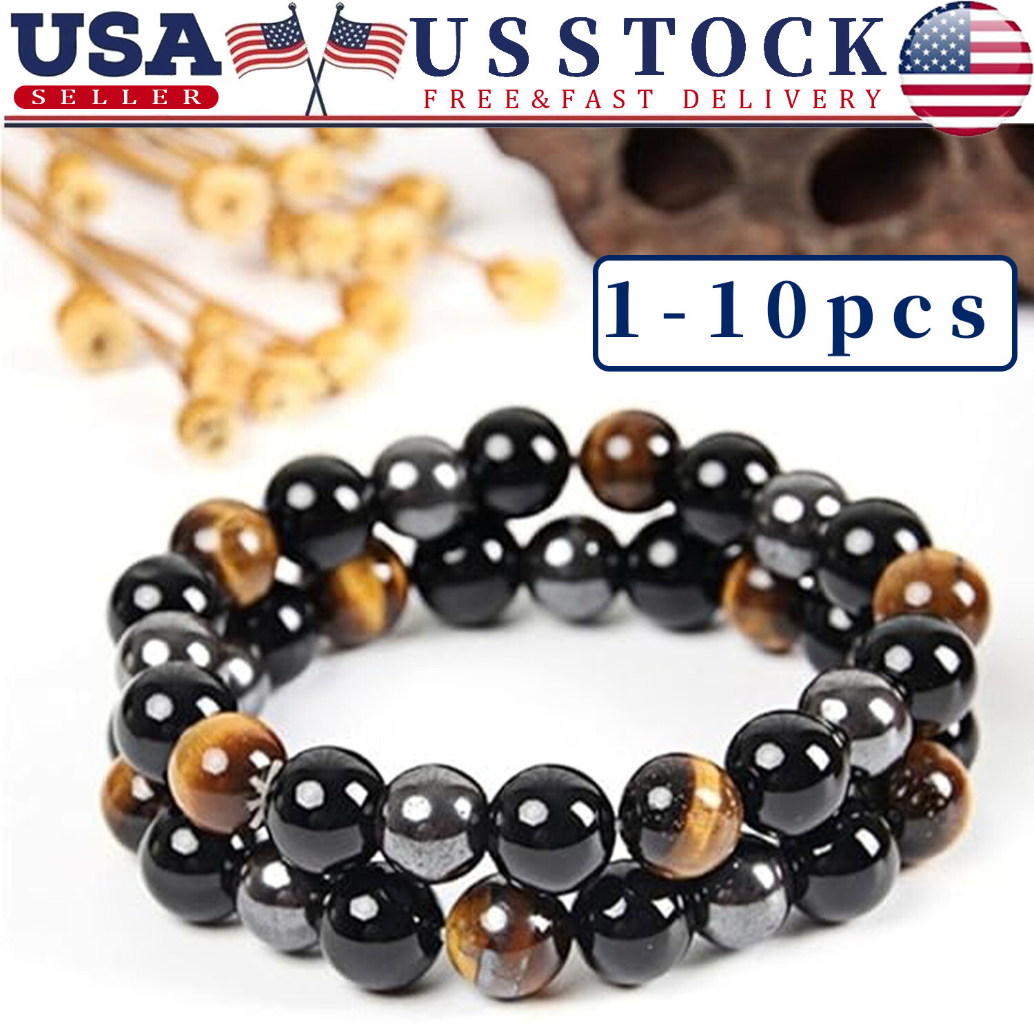 Natural Energy Healing Stretch Bracelet Stone Hematite Tiger Eye for Men Women