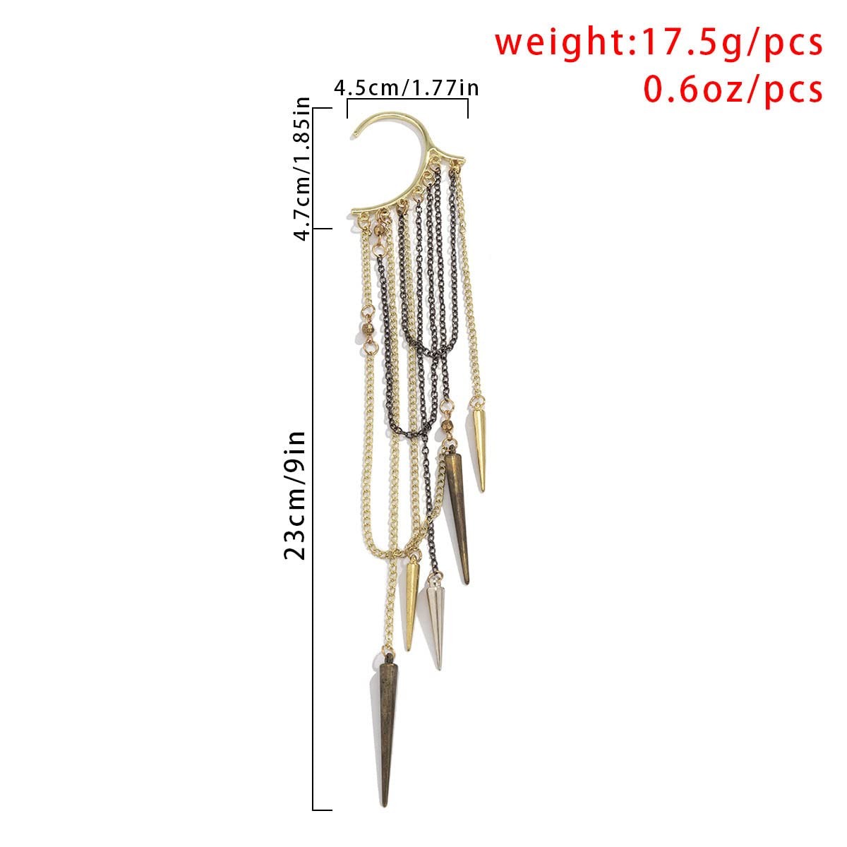 Gothic Retro Long Chain Tassel Ear Cuff Wrap 1pcs Non-Piercing Cone Bar Pendant