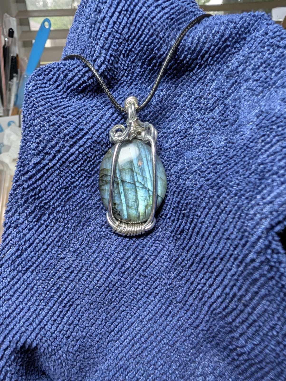 Wire Wrapped Oval Labradorite Pendant Necklace, Silver Tone Snake Chain