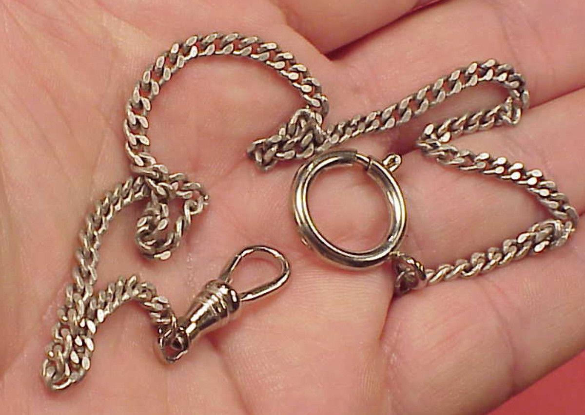 Vintage Antique Silver PLated Fine Curb Link Mans Pocket Watch Chain 14 inch