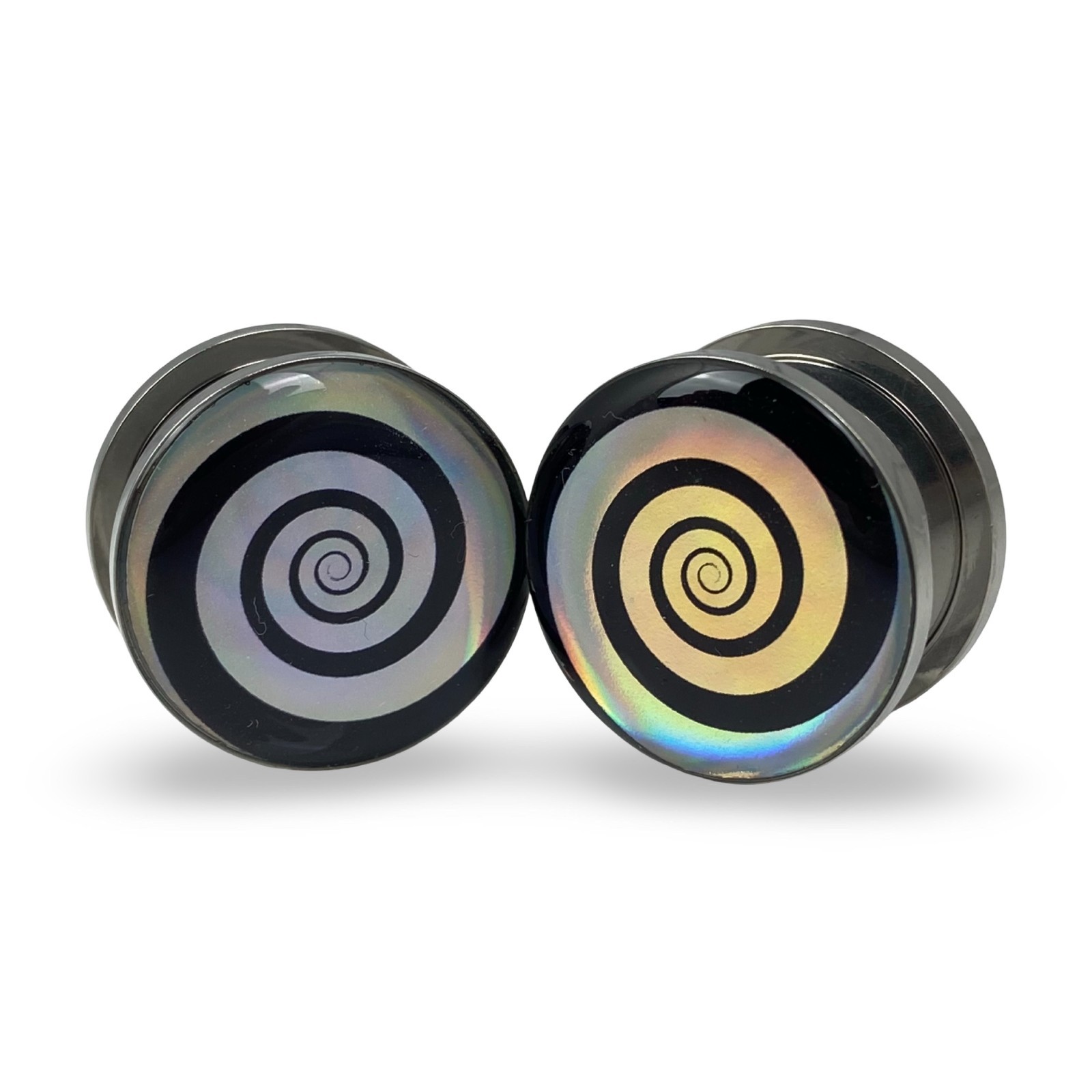 Pair of Screw on Holographic Hypnotic Spiral Picture Plugs gauges