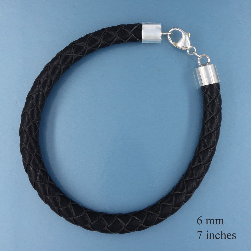 Sterling Silver 6mm Braided Round Genuine Leather Cord Necklace / Bangle