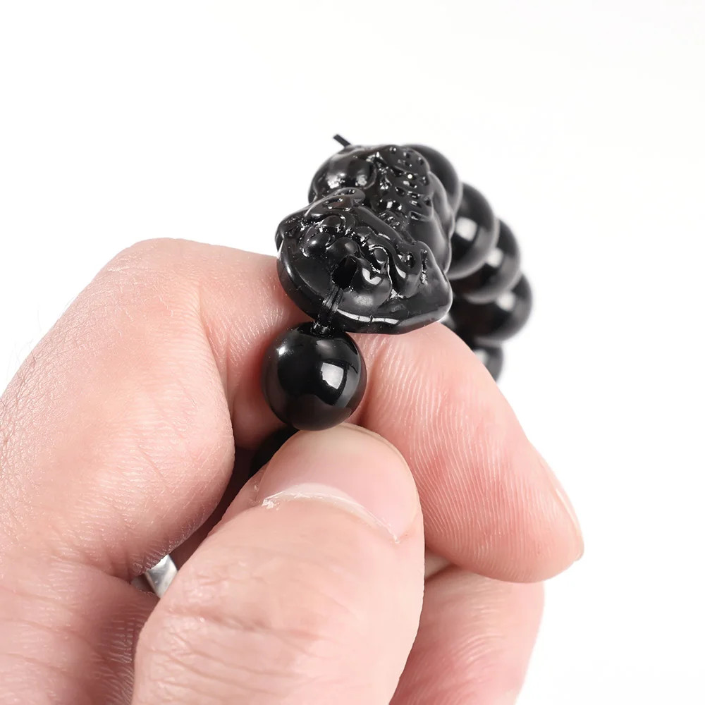 Pixiu Black Obsidian Stone Beads Bracelet Chinese Fengshui Good Luck Wealth For