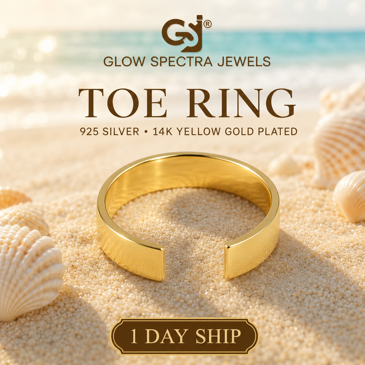 Solid Metal Adjustable Flat Women’s Valentine’s Toe Ring 14k Yellow Gold Plated