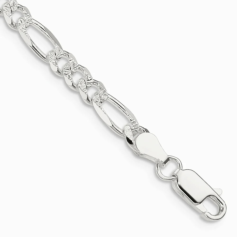 Sterling Silver 4.3mm Pavé Flat Figaro Chain Bracelet 7″-9″