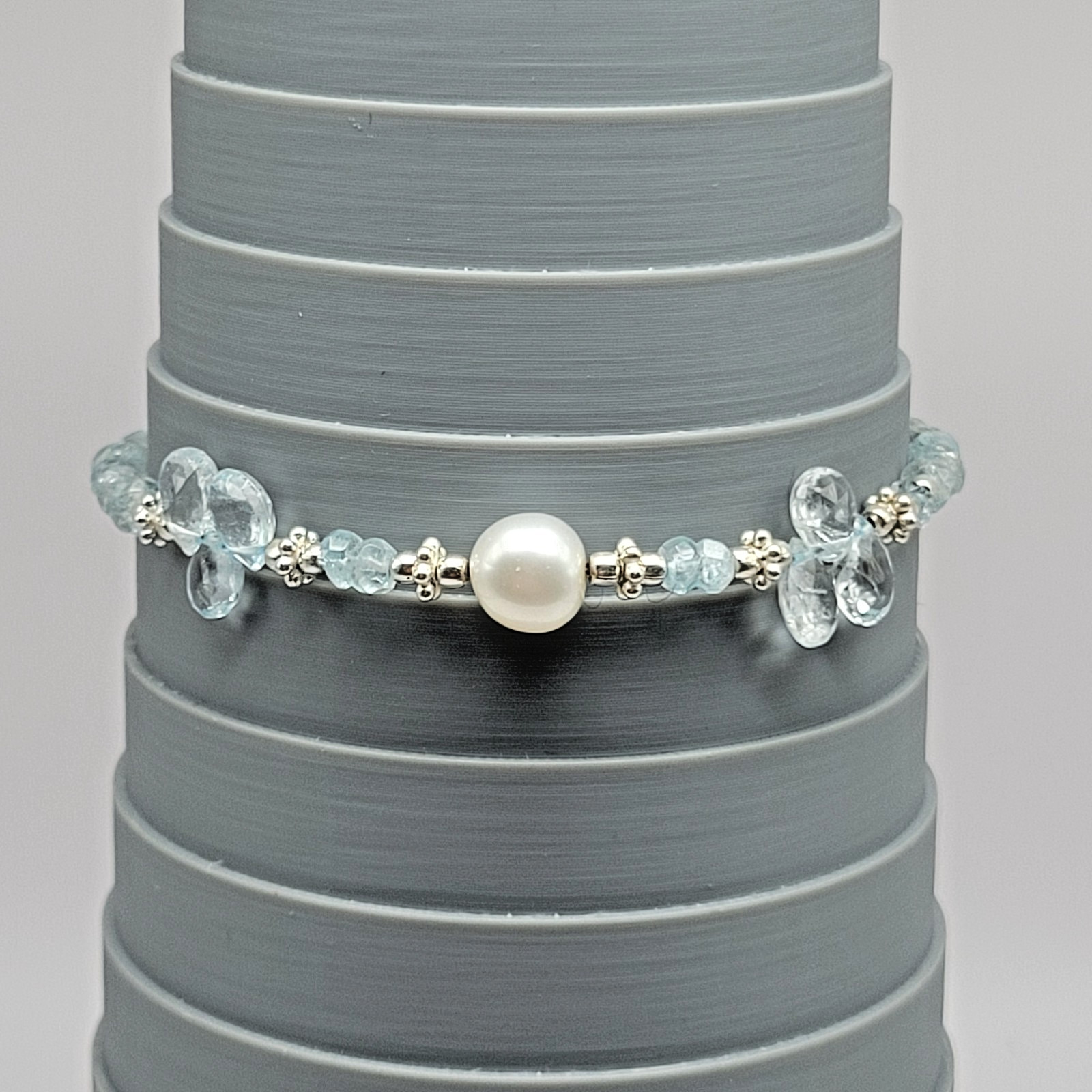 Sterling Silver 7.5mm Pearl Briolette Aquamarine Bracelet or Anklet ~ 9.5″