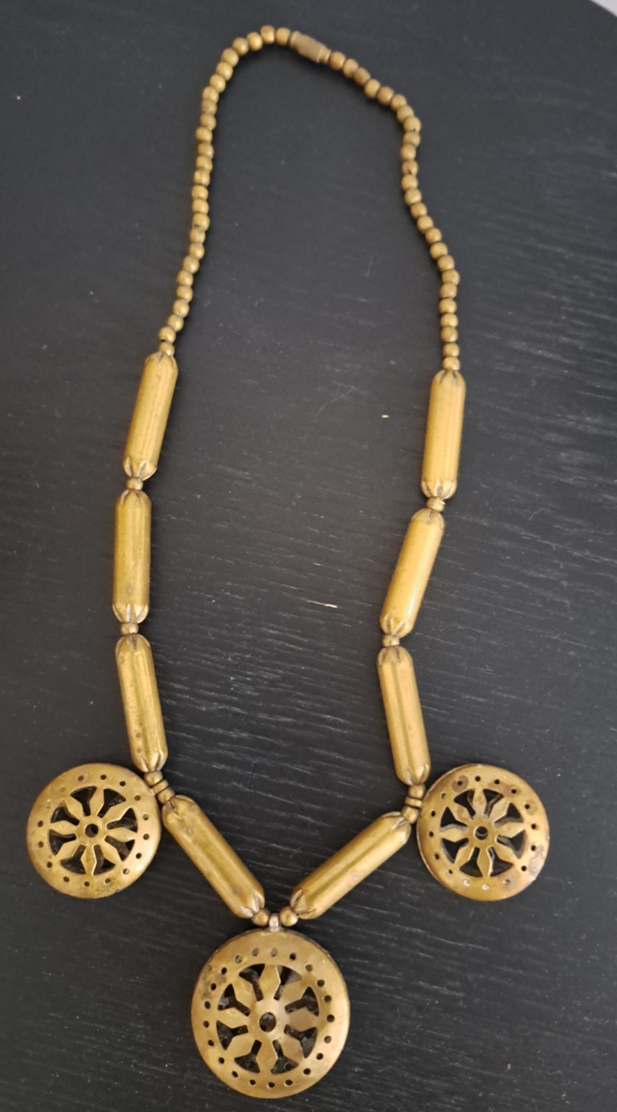 Brass Statement Tribal Necklace Pendant Boho Vintage 1980s Barrel Clasp
