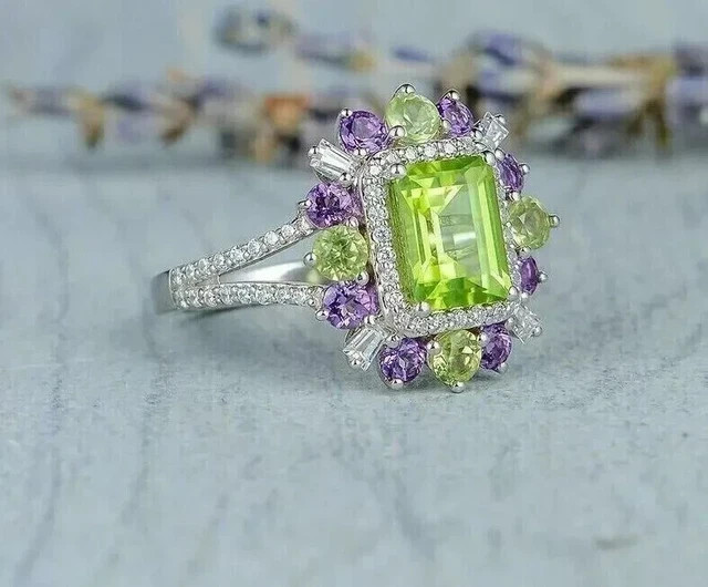 Lab Created Peridot 3.00Ct Emerald Cut Halo Wedding Ring 14k White Gold Plated