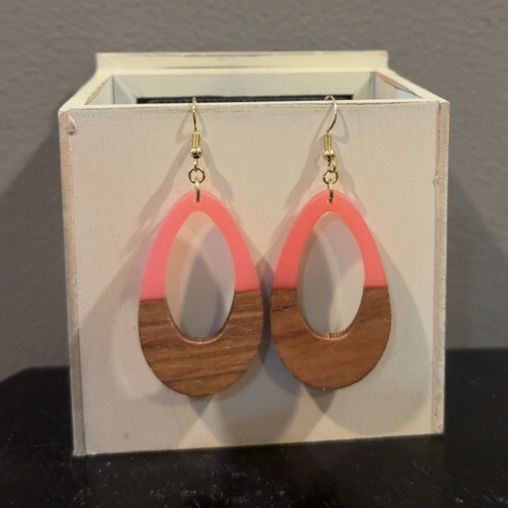 Wood Oval Cutout Dangle Drop Hook Earrings