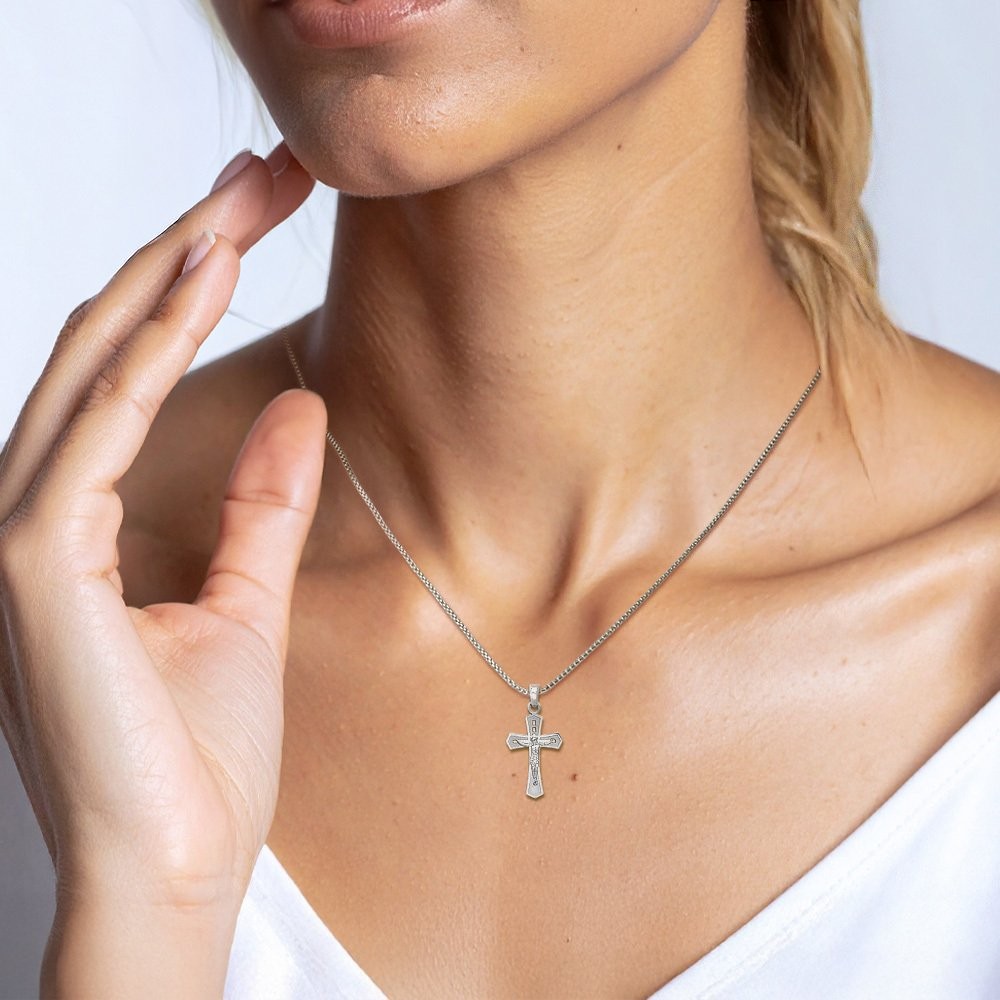 14K Solid White Gold Medium Jesus Crucifix Cross Pendant Necklace 23.9mm