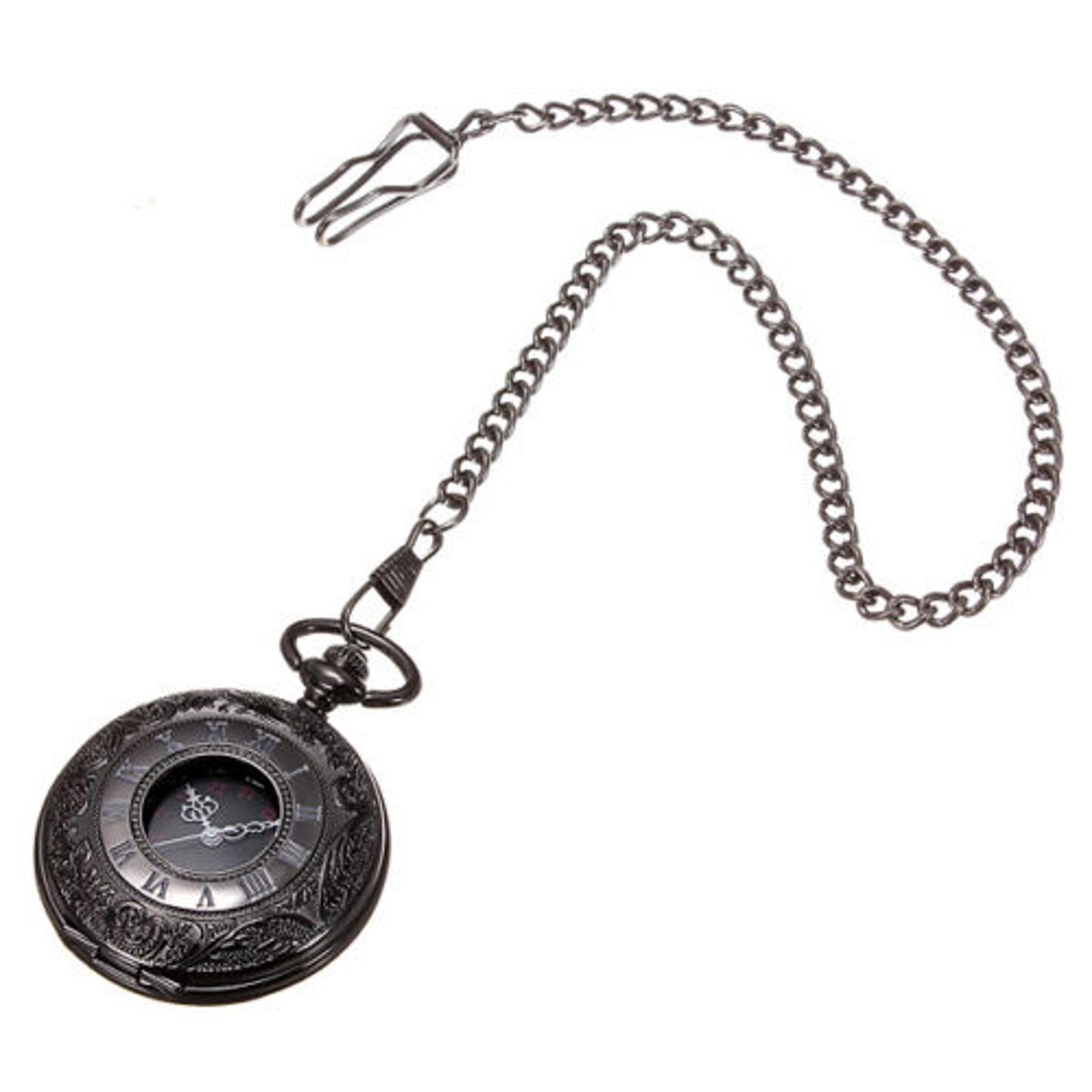 Vintage Retro Steampunk Pocket Watch Black Quartz Pendant Necklace Chain Gift F