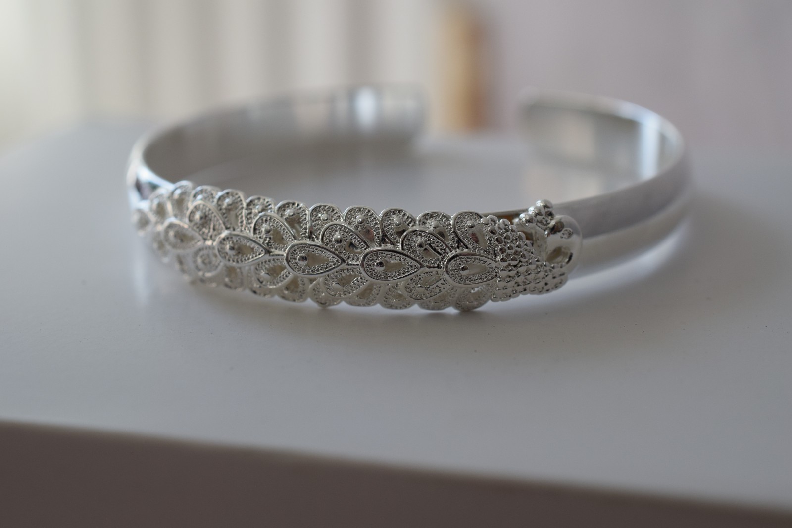 925 Sterling Silver Peacock Design 18cm Open Bracelet + Gift Box