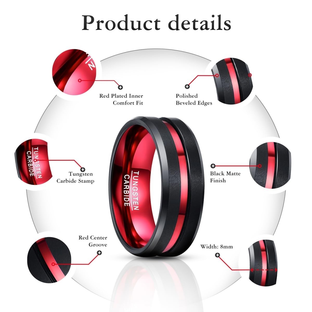 Men’s 8mm Tungsten Wedding Band Ring – Black Red/Blue/Rose Gold, Matte Finish, B
