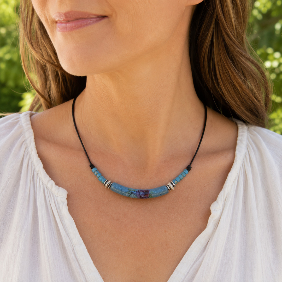 Bohemian Necklace Handmade Porcelain Blue Floral Czech & Tibetan Silver Beads